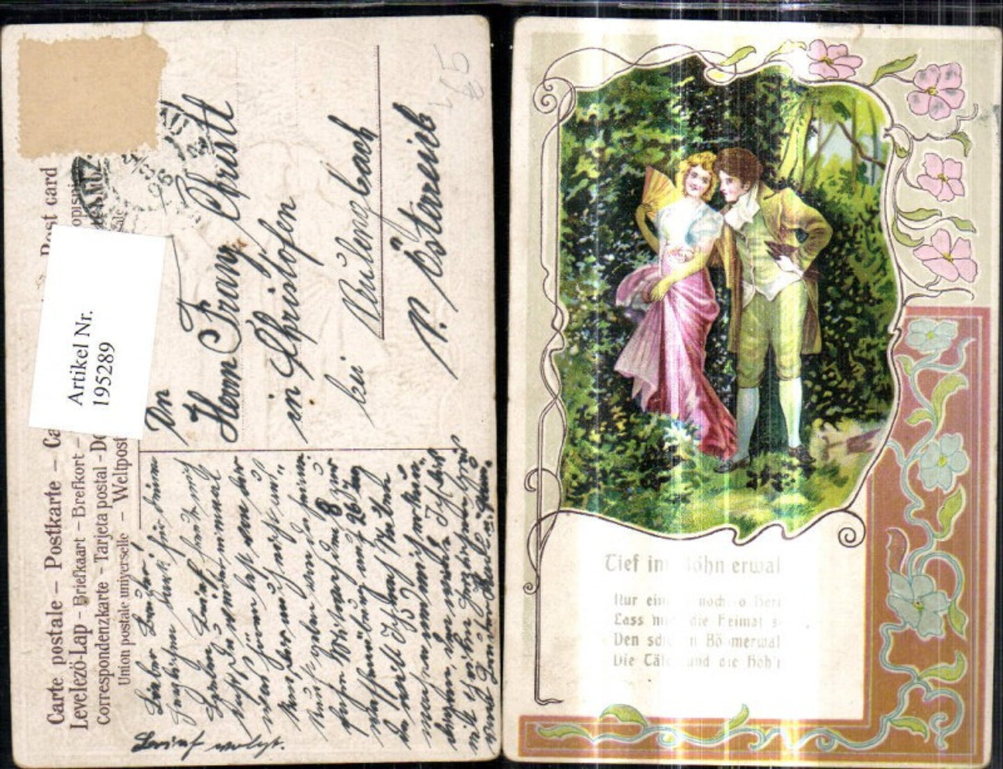 195289,Präge Litho Paar Liebe Tief im Böhmerwald Text Blumen Passepartout