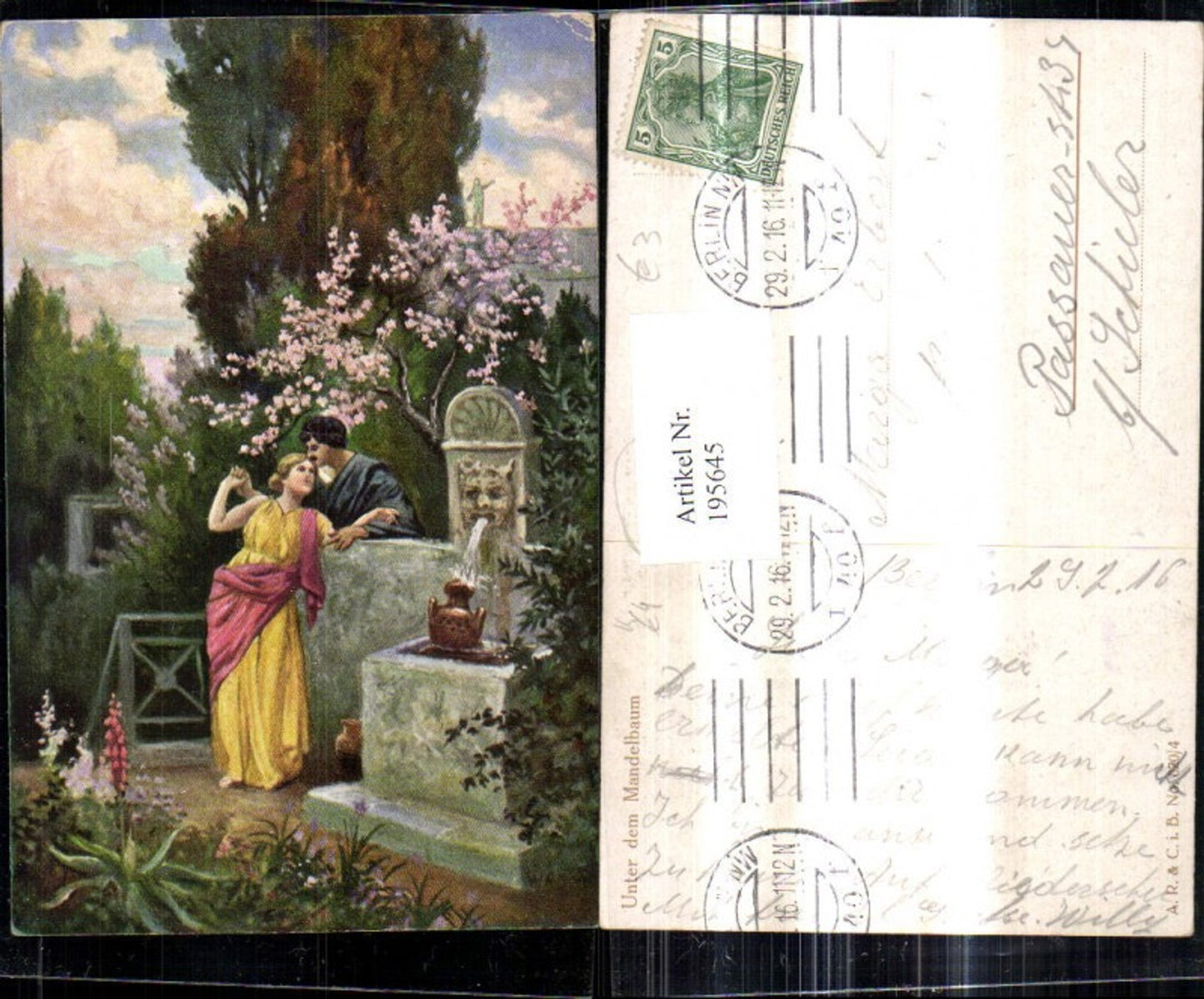 195645,Künstler Ak Unter dem Mandelbaum Paar Liebe Brunnen Garten