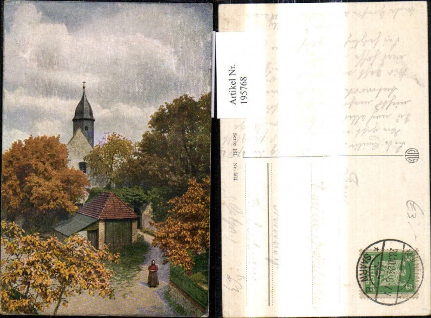 195768,Künstler Ak Frau a. Dorfplatz Kirche Herbststimmung