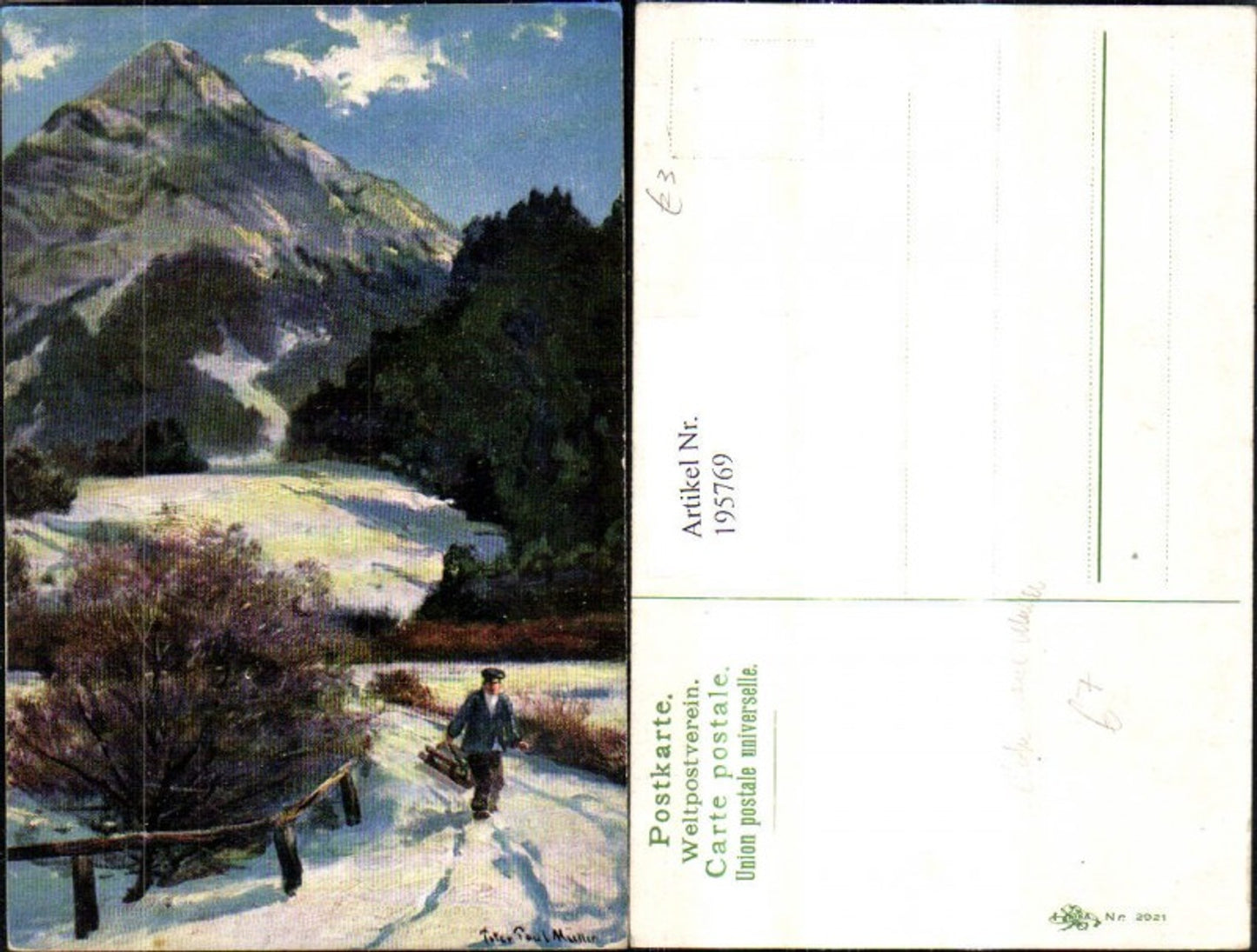 195769,Künstler Ak Peter Paul Müller Mann m. Schlitten Winterlandschaft