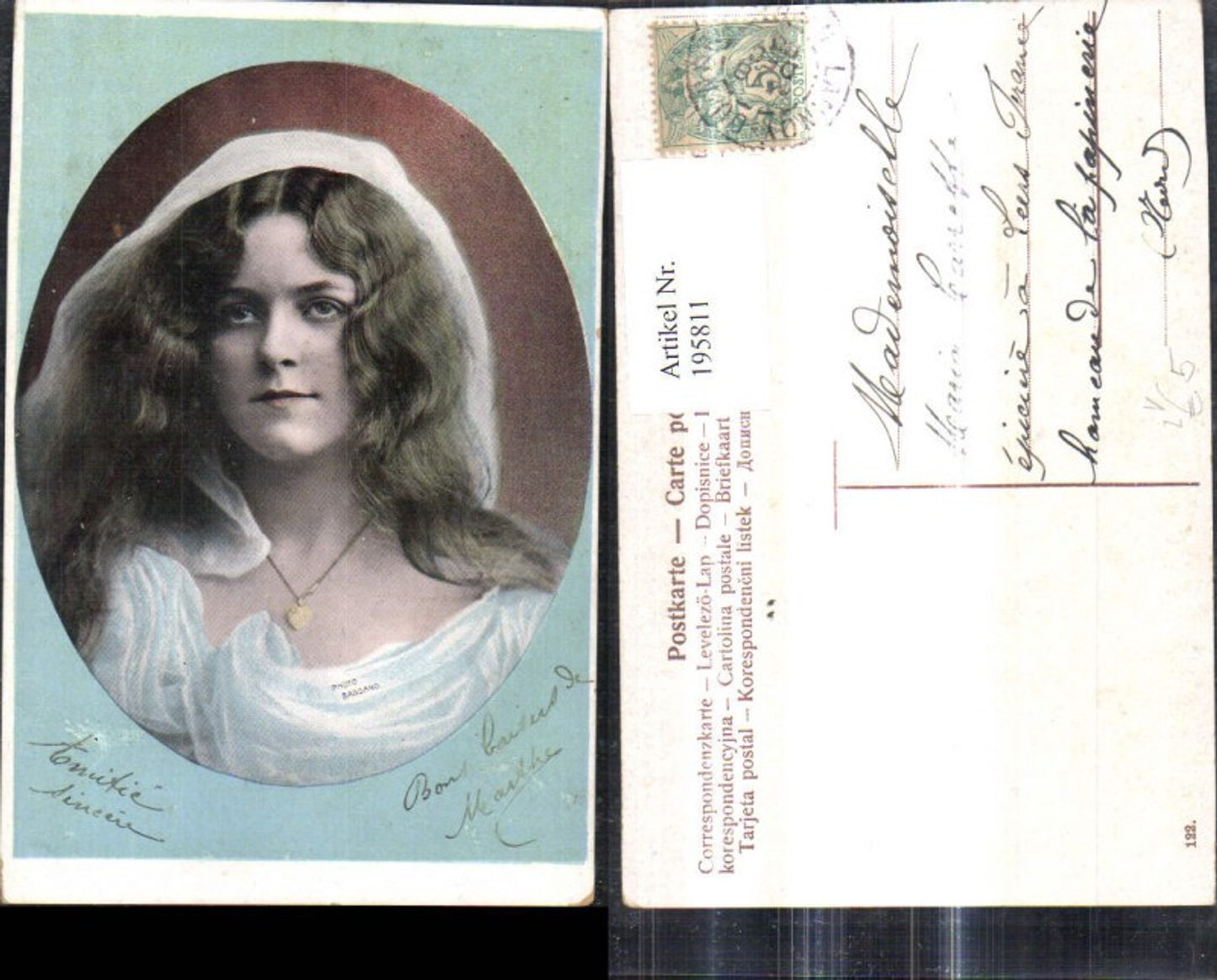 195811,Künstler Litho Frau Schleier Halskette Herz Schmuck Passepartout pub Photo Bassano