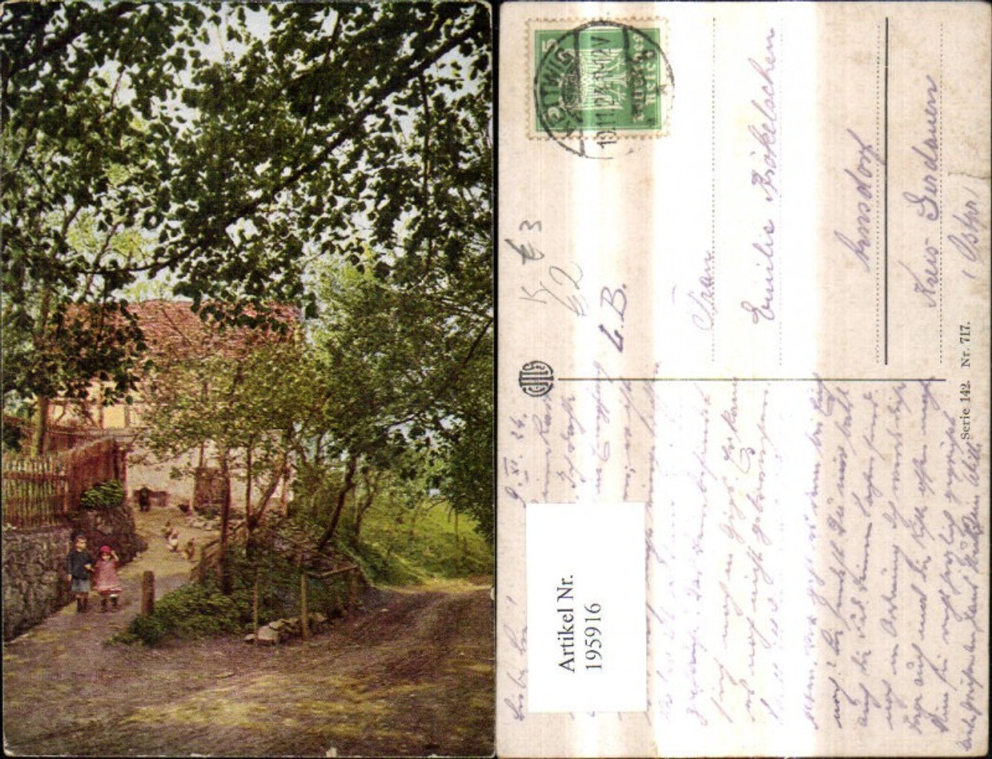 195916,Künstler Ak Kinder Weg Strasse Bauernhaus Haus Hühner Landschaft