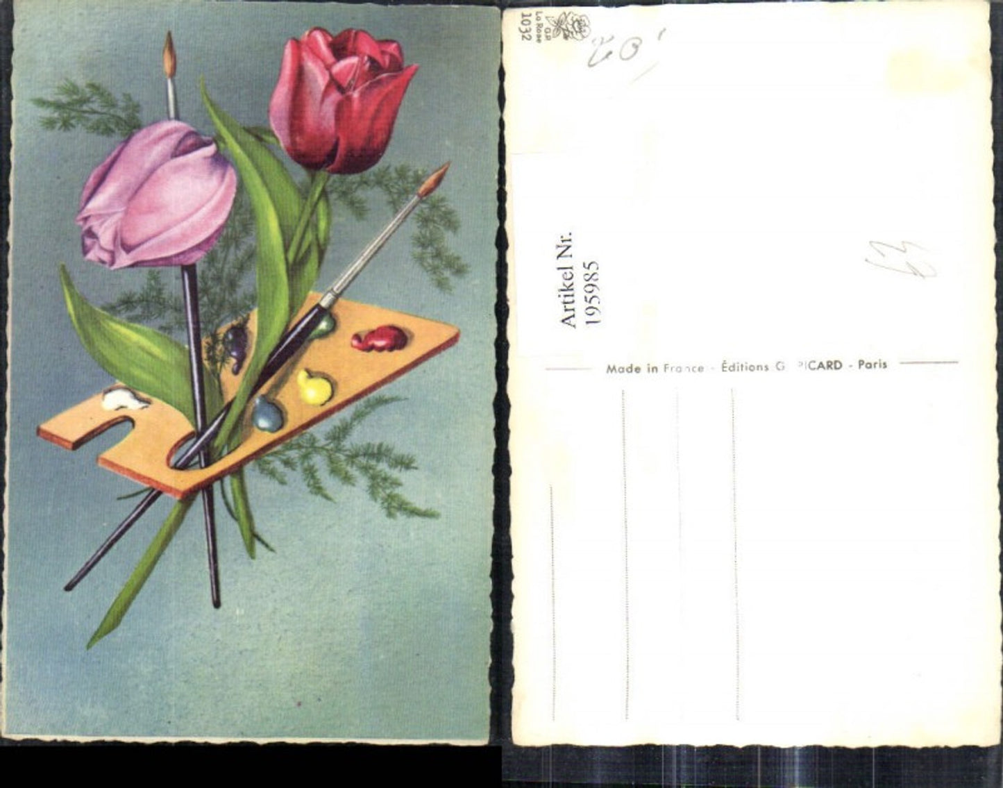195985,Künstler Ak Farbpalette Pinsel Blumen Pinsel Tulpen