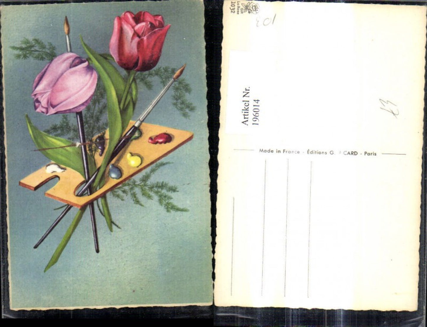 196014,Künstler Ak Farbpalette Pinsel Blumen Pinsel Tulpen