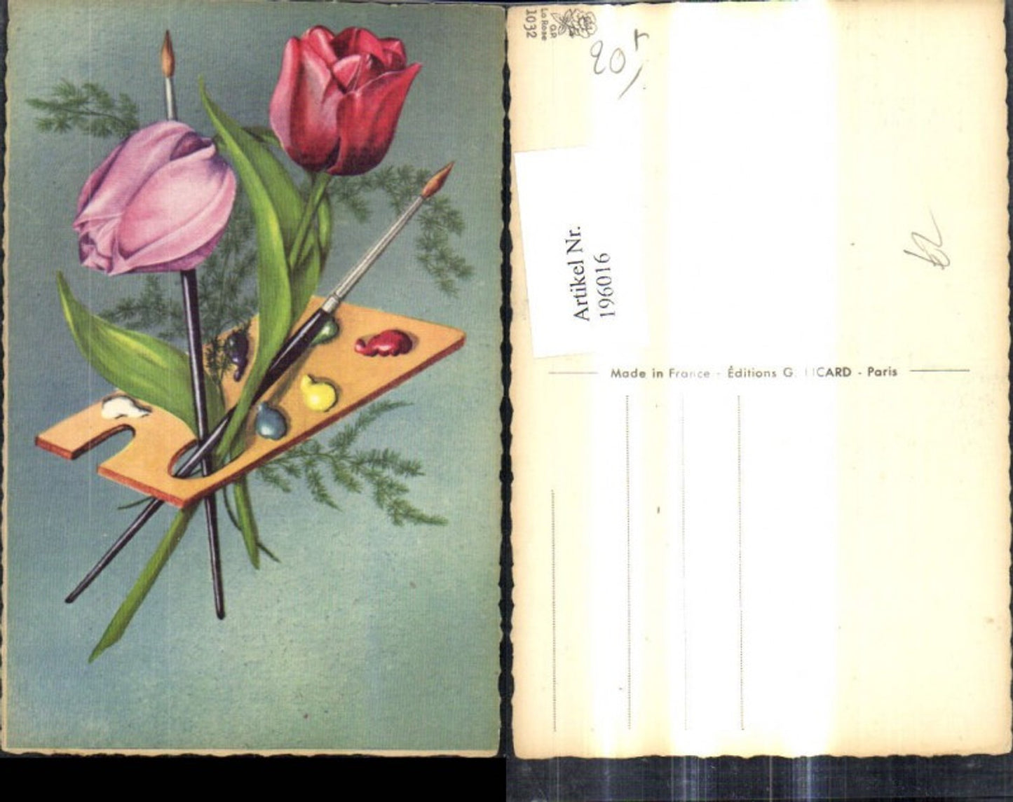 196016,Künstler Ak Farbpalette Pinsel Blumen Pinsel Tulpen