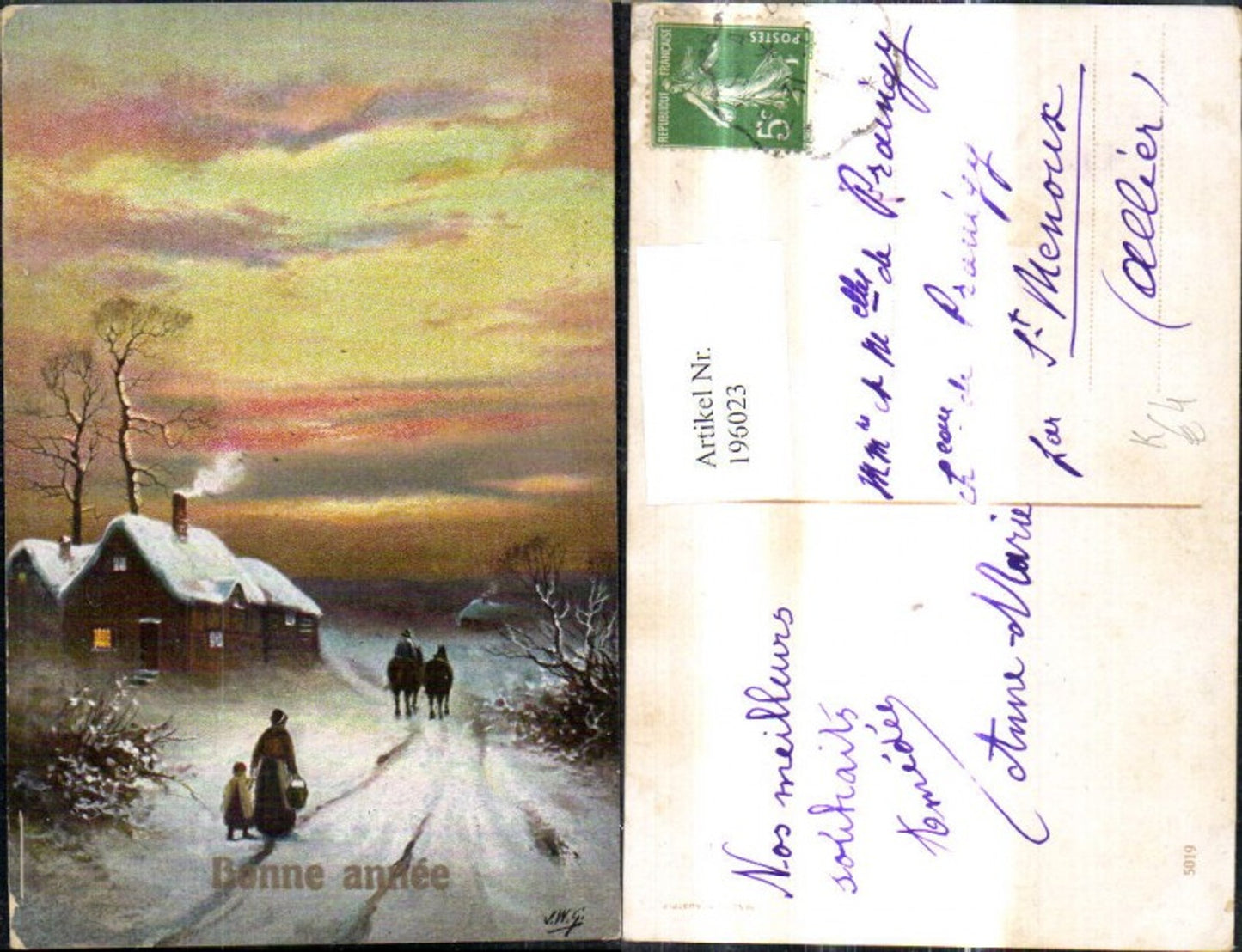 196023,Künstler Ak Frau Kind Mann a. Pferd Pferde Winterdorf Landschaft Bonne Annee Weihnachten