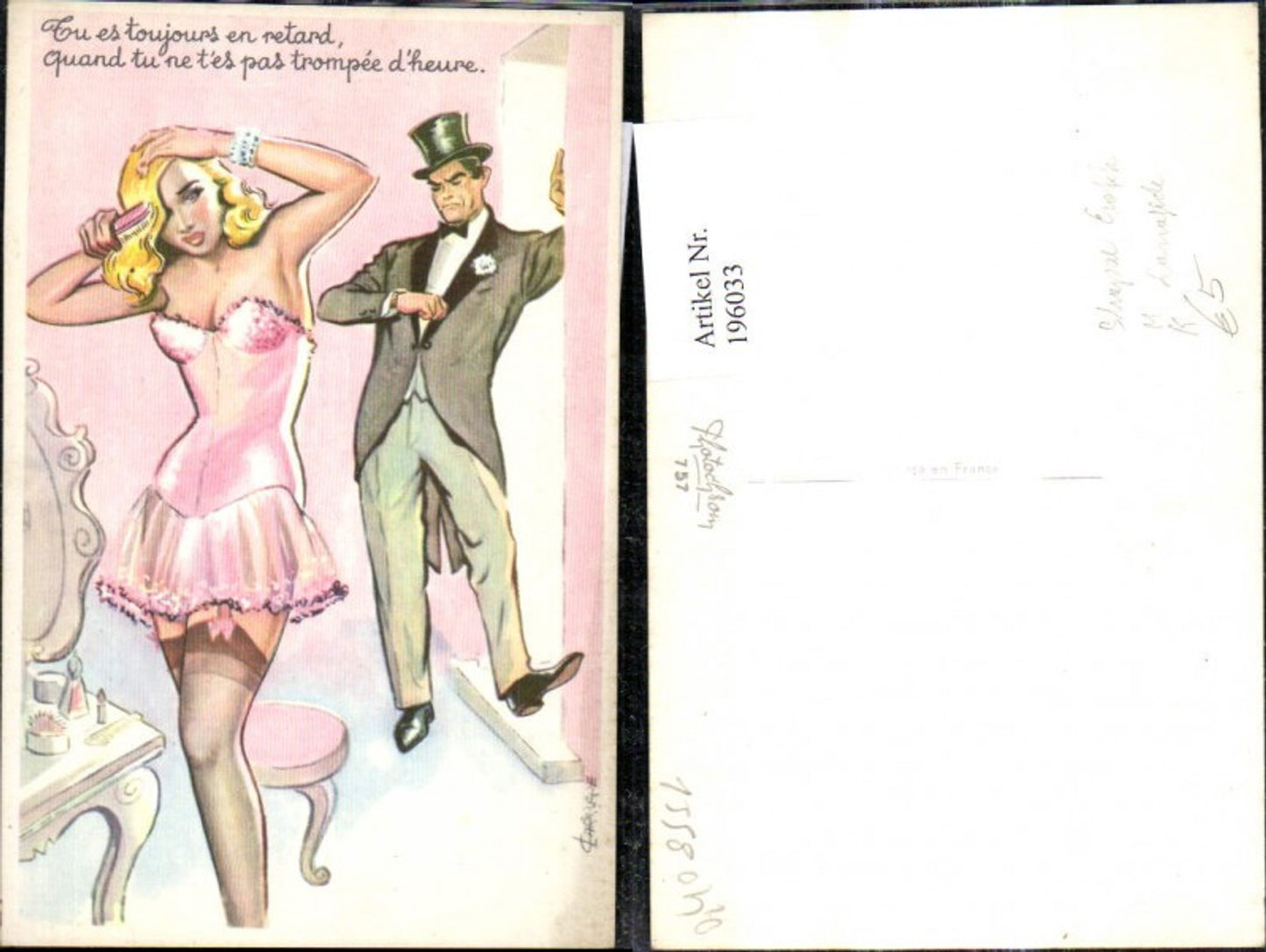 196033,Künstler Ak L. Carriere Frau kämmt sich Haare Spiegel nderhut Hut Frau Strapse Erotik Spruch
