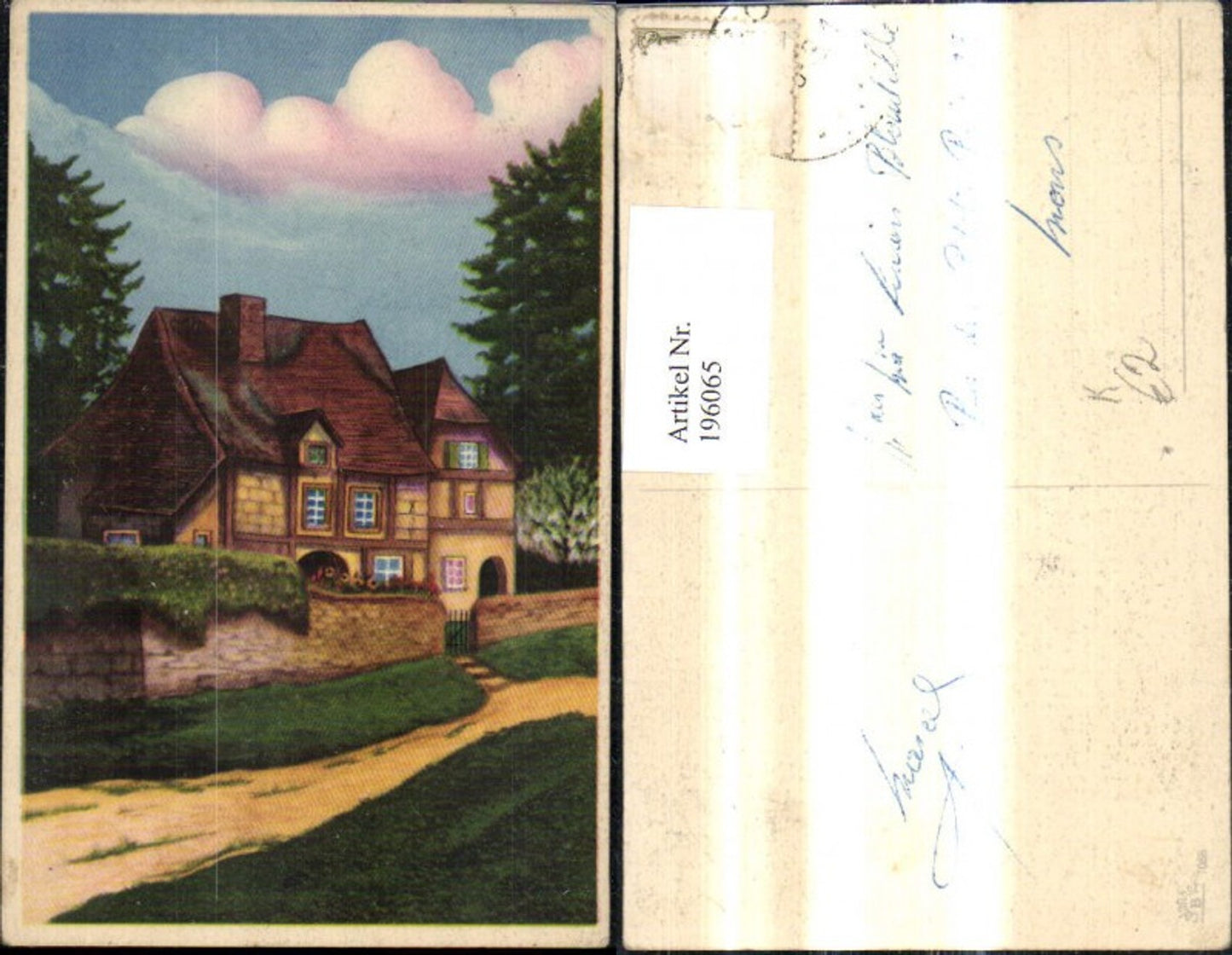 196065,Künstler Ak Haus m. Gartenmauer Weg