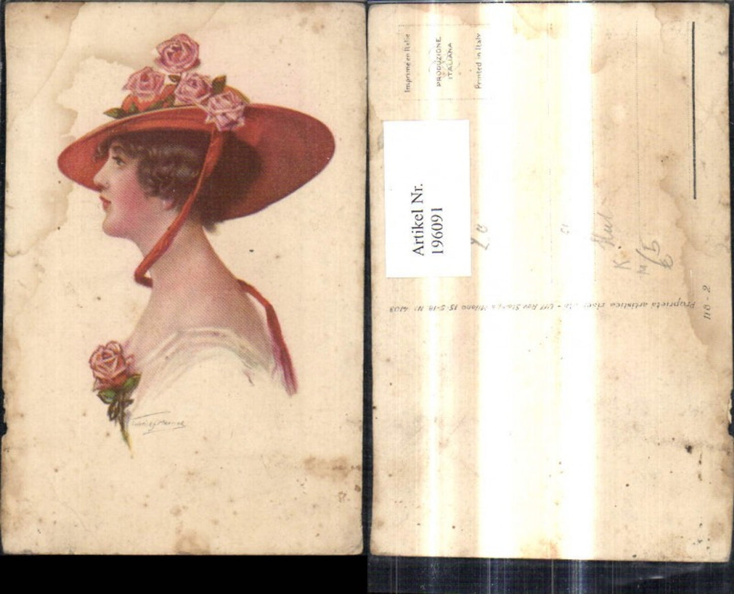 196091,Künstler Ak Frau Glamour Hut m. Rosen Mode