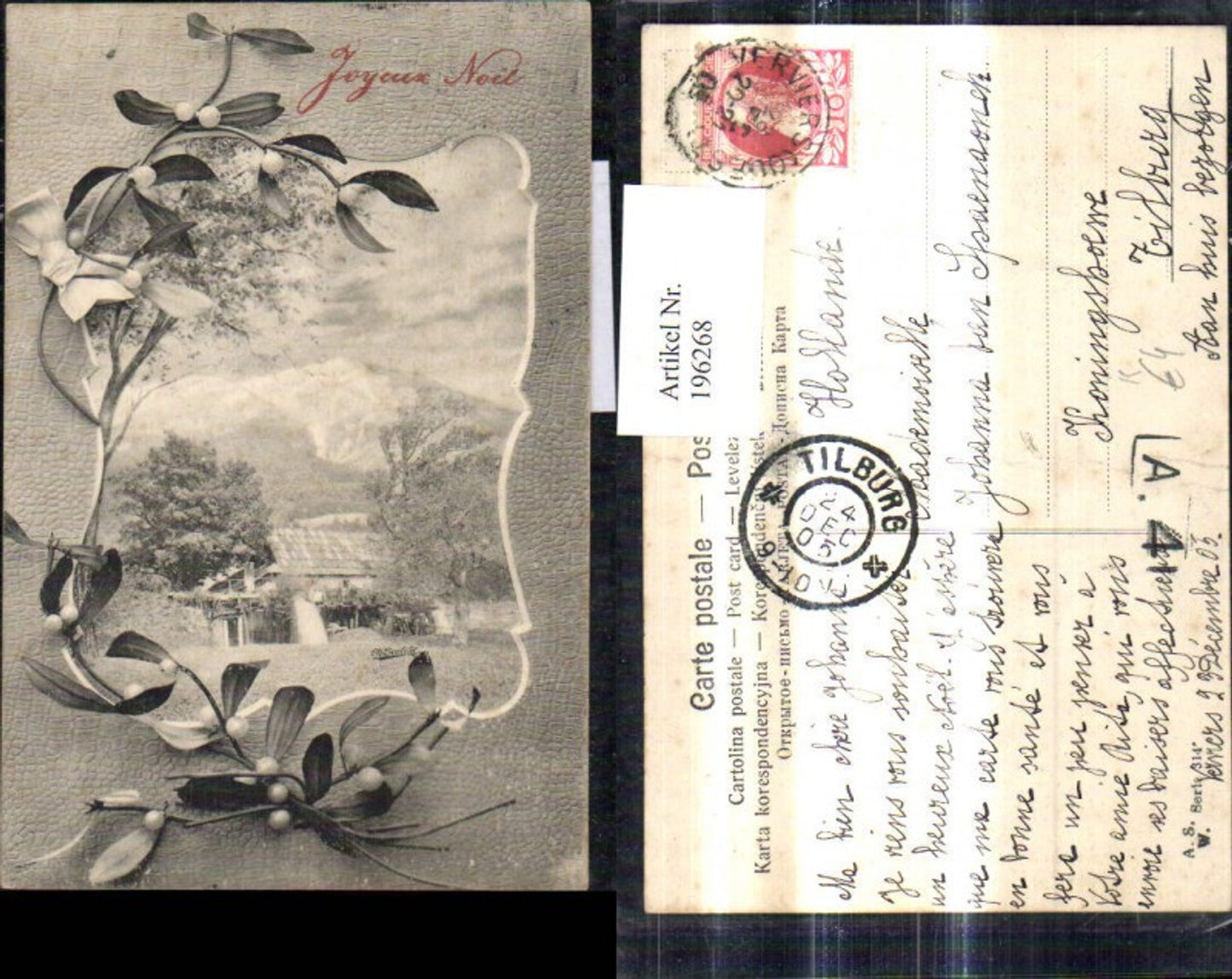 196268,Künstler Ak Ch. Scolik Haus Bergkulisse Passepartout Mistelzweig Joyeux Noel Weihachten
