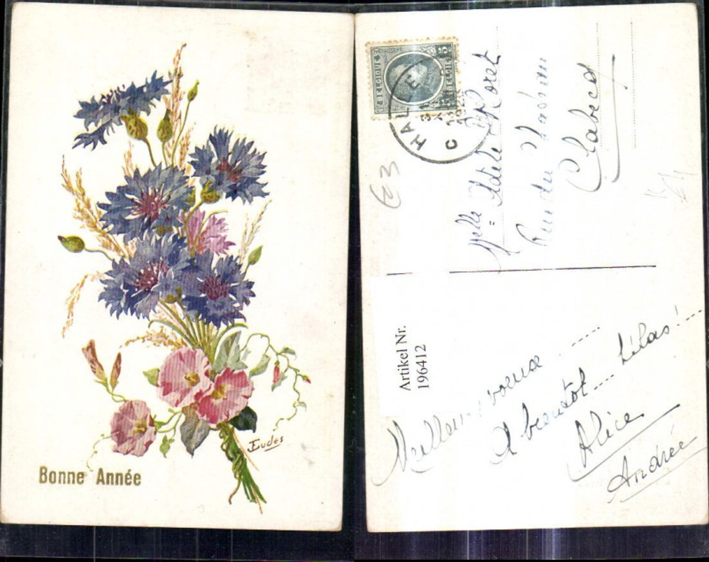 196412,Künstler Ak J. Eudes Blumenstrauß Kornblumen Getreideähren Blumen Bonne Annee