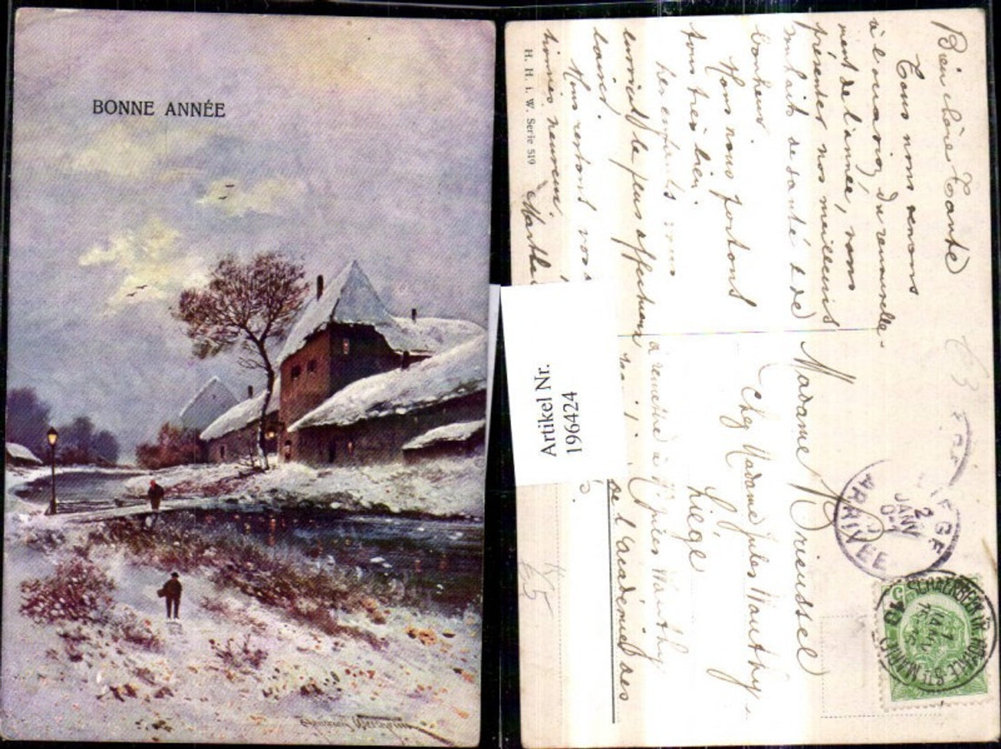 196424,Künstler Ak Heinrich Wertheim Winterdorf Brücke Laterne Bonne Annee Weihnachten