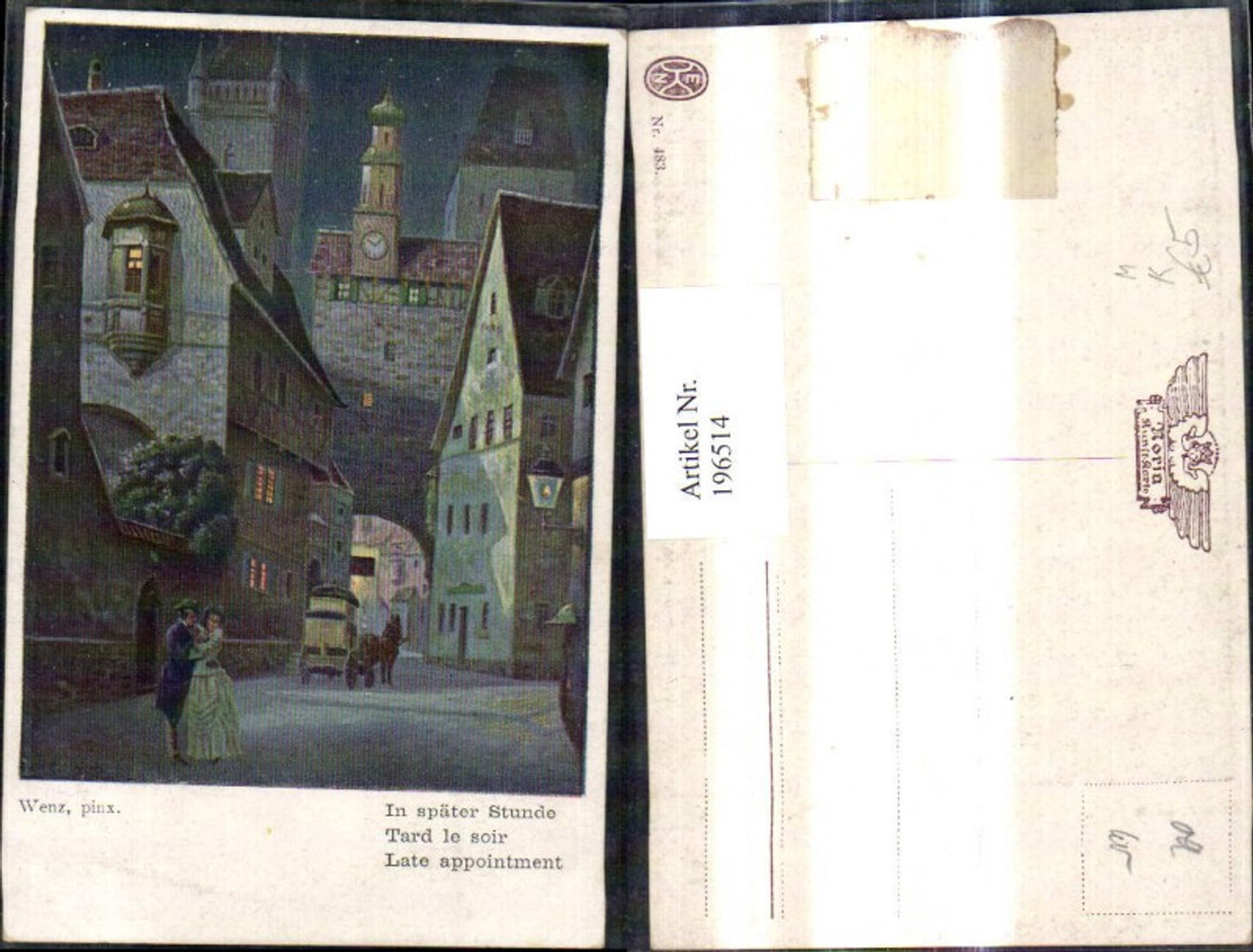 196514,Künstler Ak Wenz In später Stunde Paar Liebespaar Umarmung Strassenansicht Kutsche b. Nacht