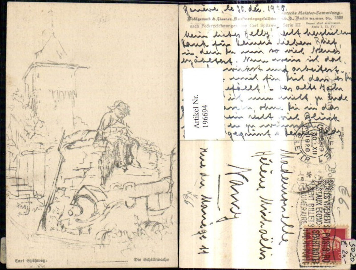 196694,Künstler Ak Federzeichnung Carl Spitzweg Die Schildwache Mann Burg Geschütz Kanone pub Primus Ak 3308