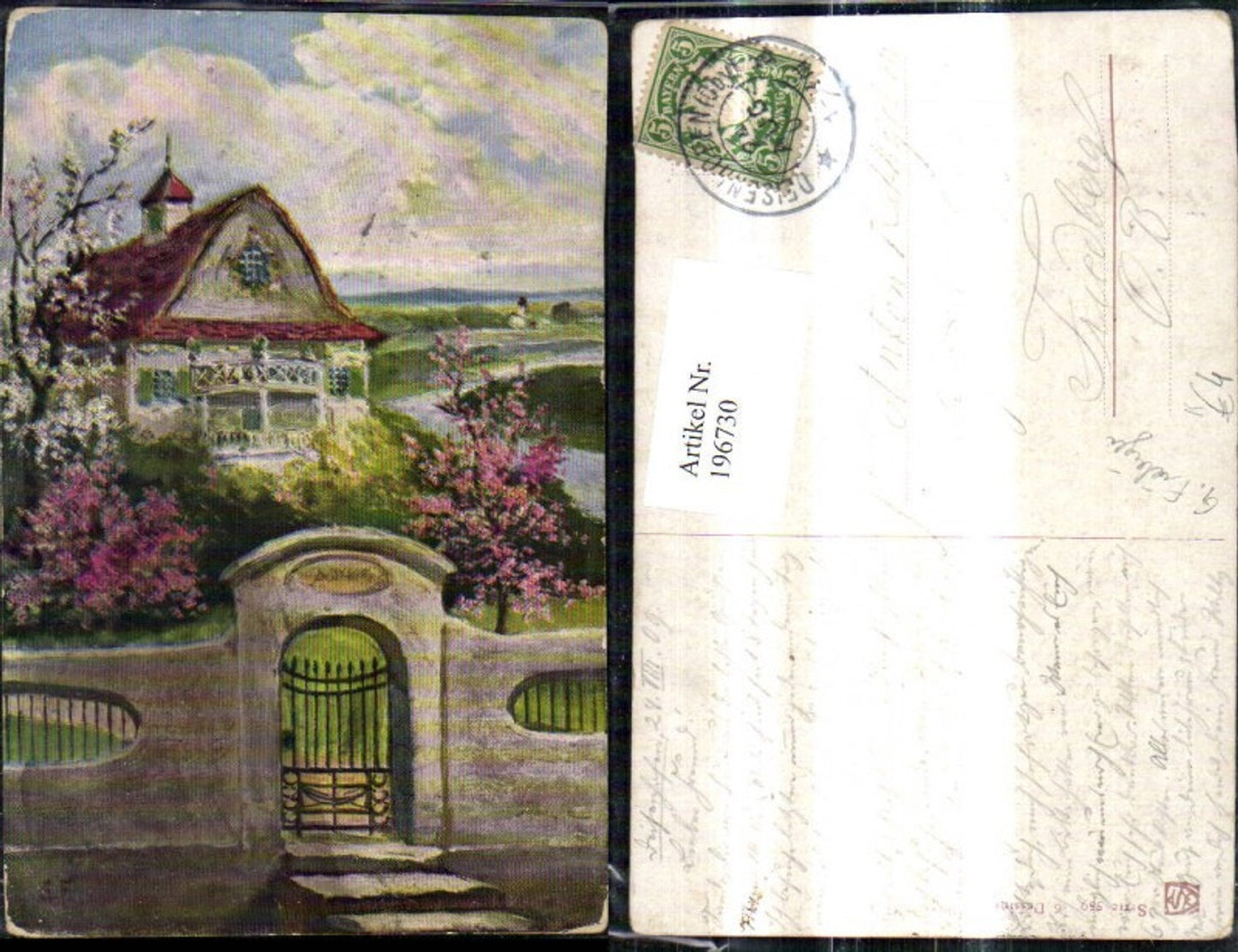 196730,Künstler Ak G. Fiebiger Haus Garten Steinmauer Gartentor Tor Baumblüte