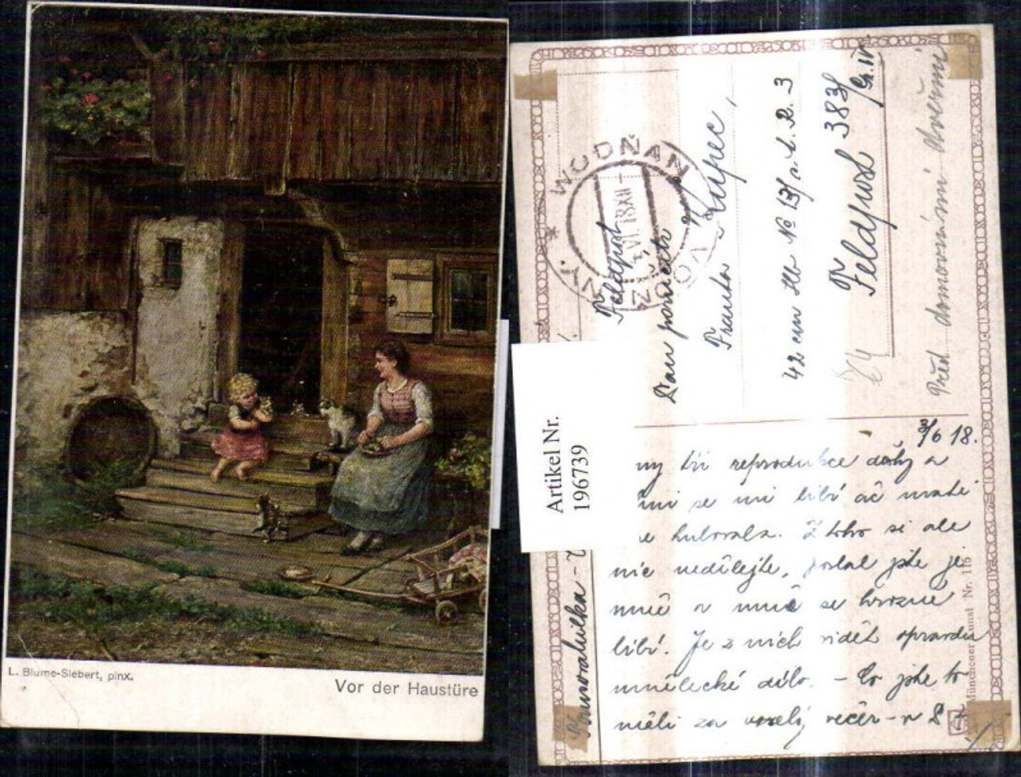 196739,Künstler Ak L. Blume-Siebert Vor der Haustüre Frau m. Kind Mädchen Katzen Katzenkinder v. Bauernhaus