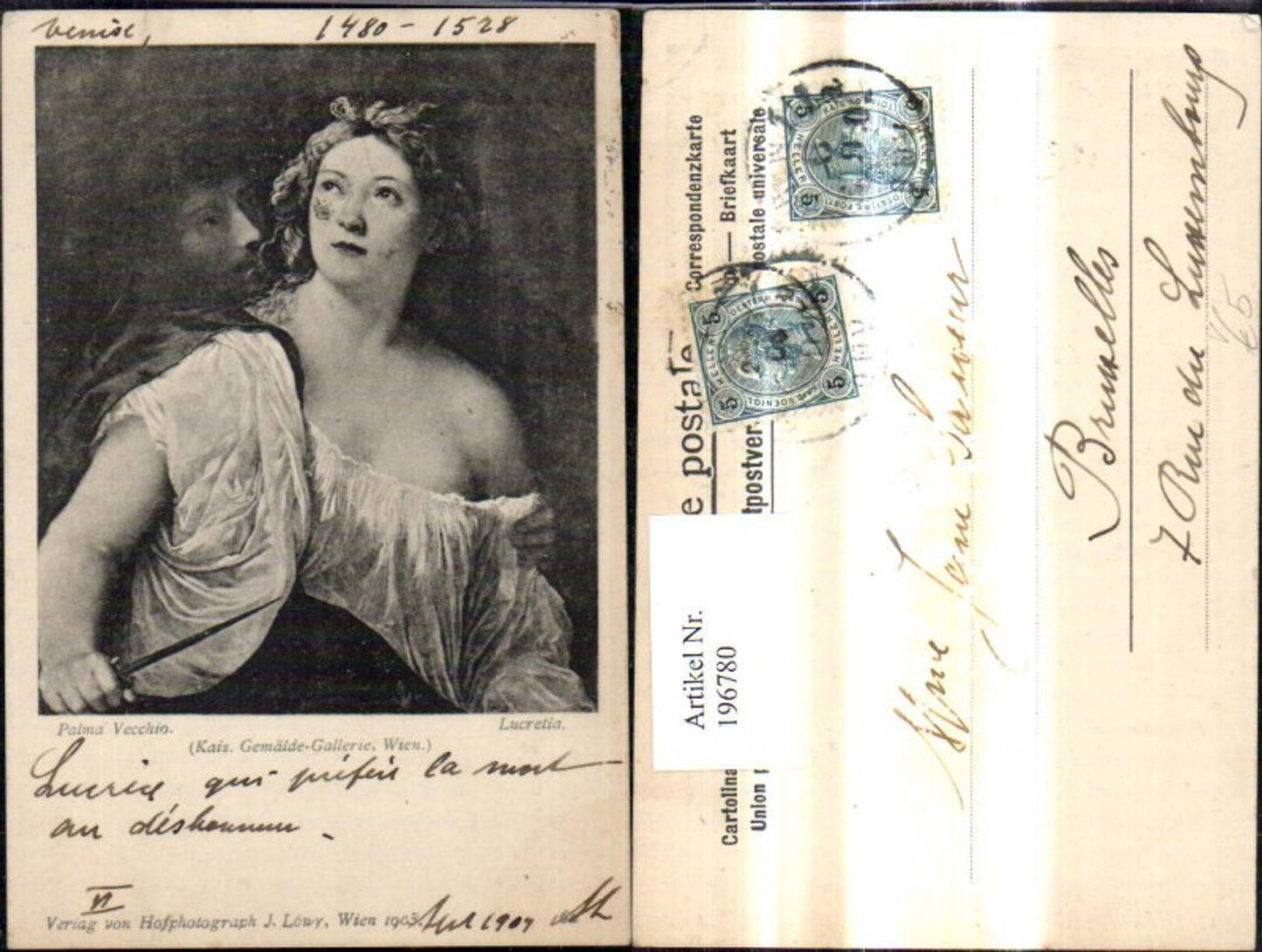 196780,Künstler Ak Palma Vecchio Lucretia Frau m. Dolch Messer Mann schaut über Schulter pub J. Löwy 62