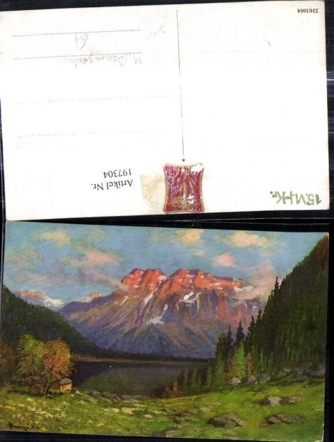 197304,Künstler Ak M. Baumgartner Hütte a. See Bergkulisse Landschaft