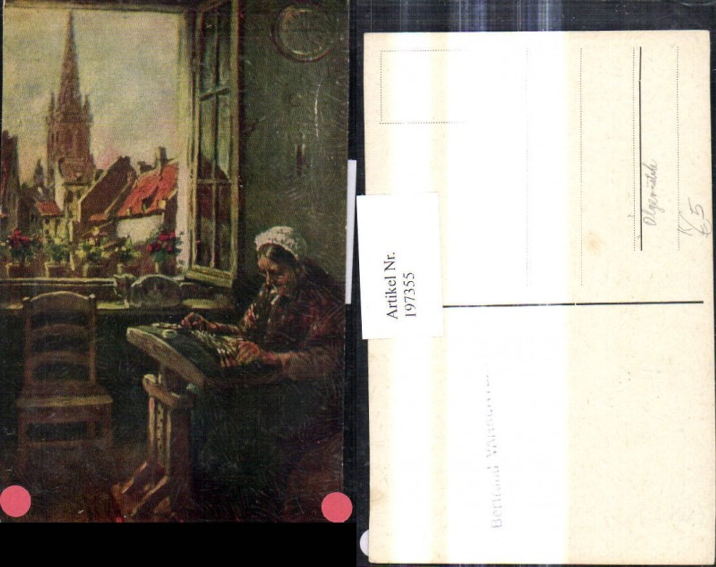 197355,Künstler Ak Ölgemälde Alte Frau a. Webstuhl a. Fenster Handarbeit Kirche