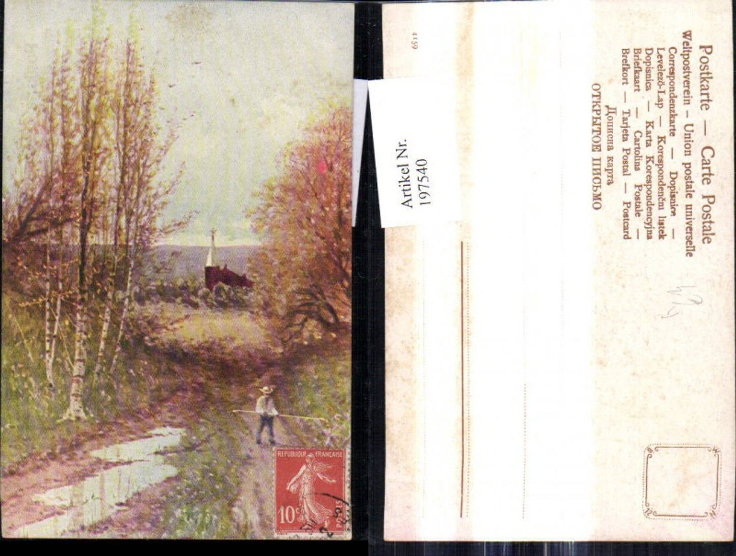 197540,Künstler Ak Mann Bach Birken Bäume Kirche Dorf i. Hintergrund Landschaft