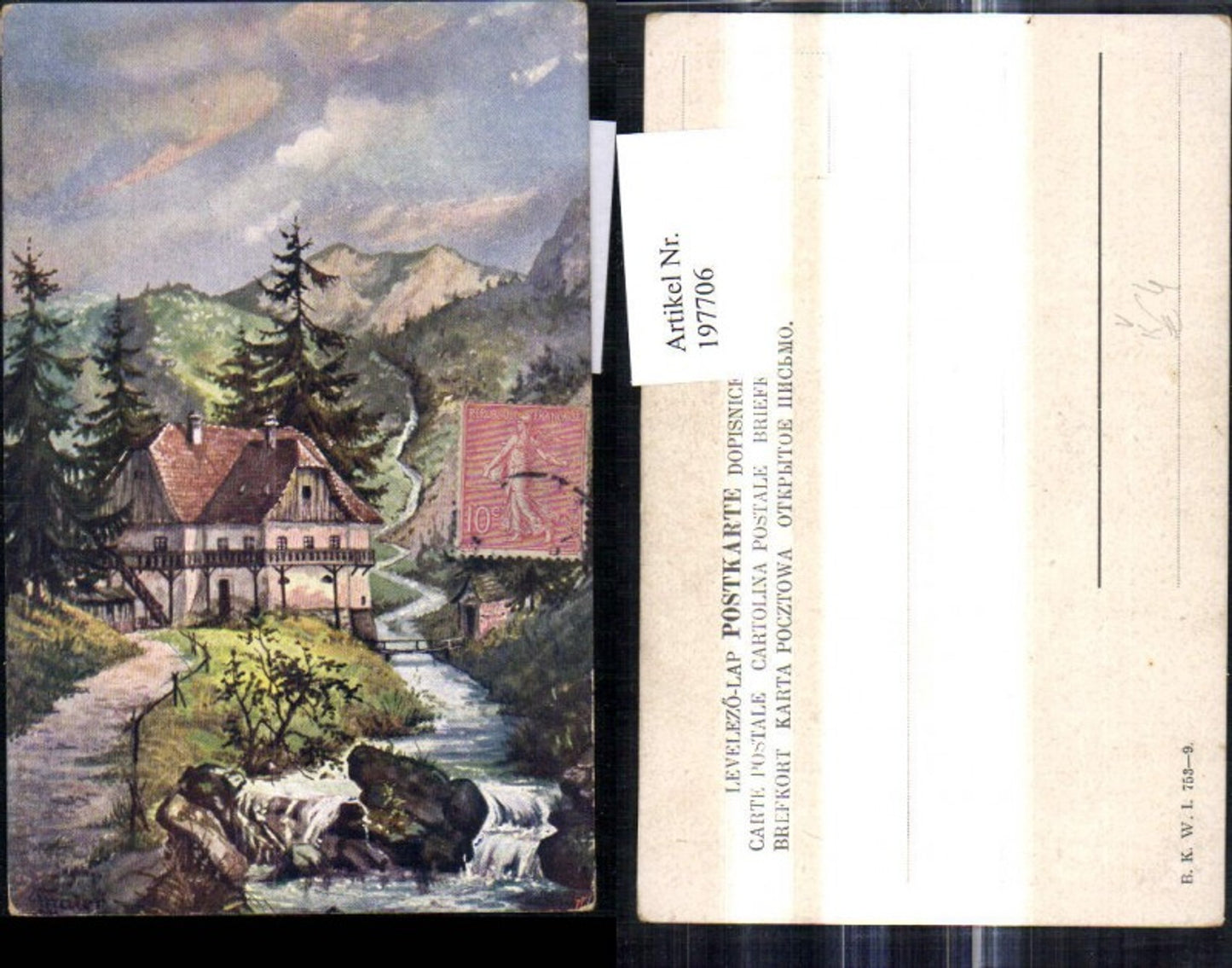 197706,Künstler Ak Haus a. Gebirgsbach Brücke Bergkulisse Landschaft pub B.K.W.I. 753-9