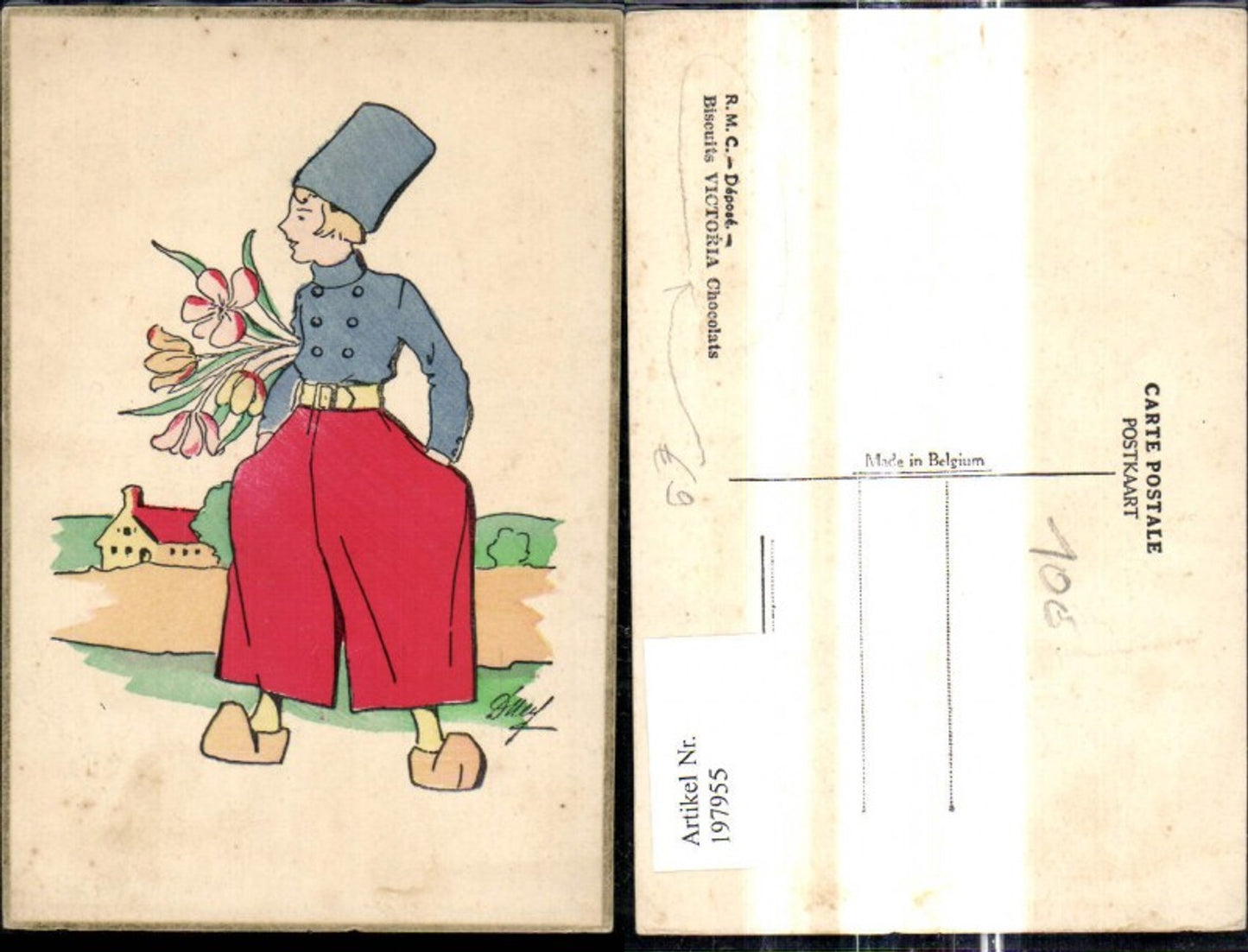 197955,Künstler Ak Frau Volkstyp Niederlande Holzschuhe Blumen Tulpen Biscuits Victoria Chocolats Reklame
