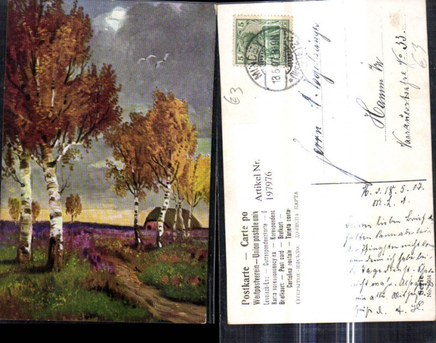 197976,Künstler Ak Birken Weg Bäume Haus Landschaft