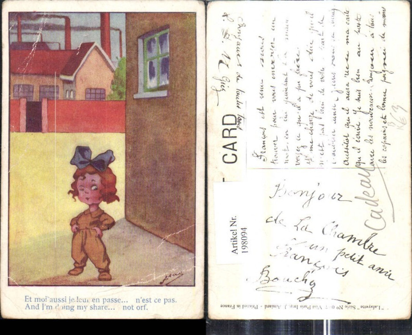 198094,Künstler Ak May Kind Mädchen b. Haus Fabrik Spruch Text