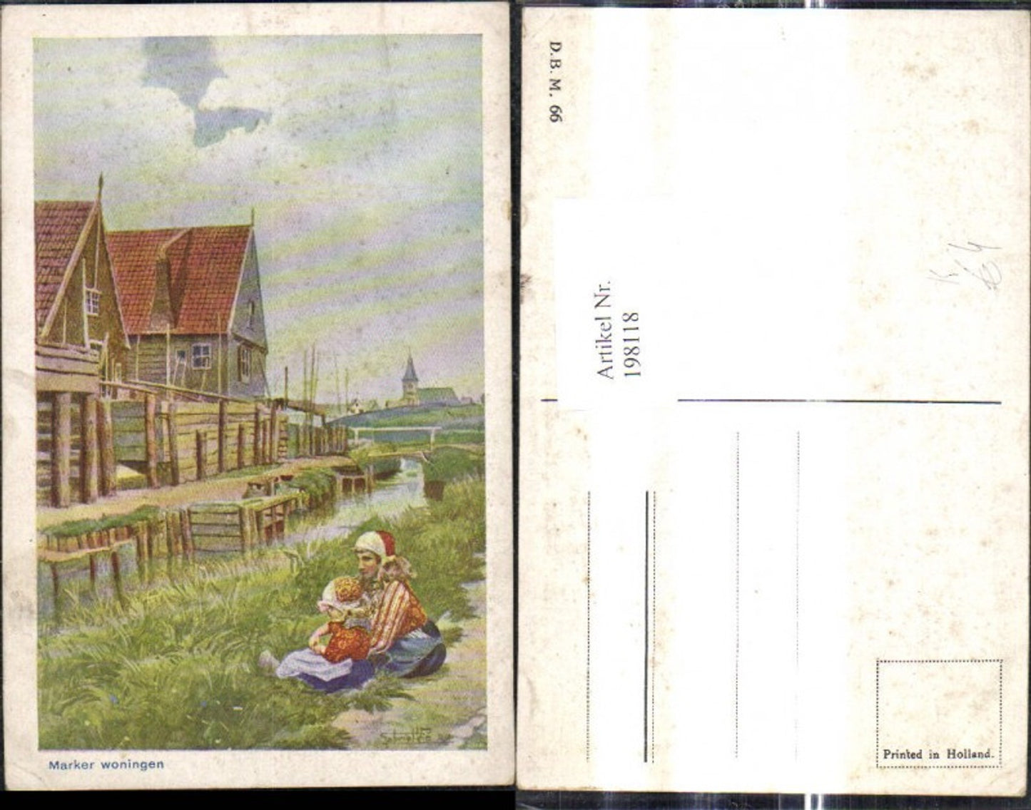198118,Künstler Ak Marker woningen Frau Mädchen Kinder Ufer Fluss Dorf