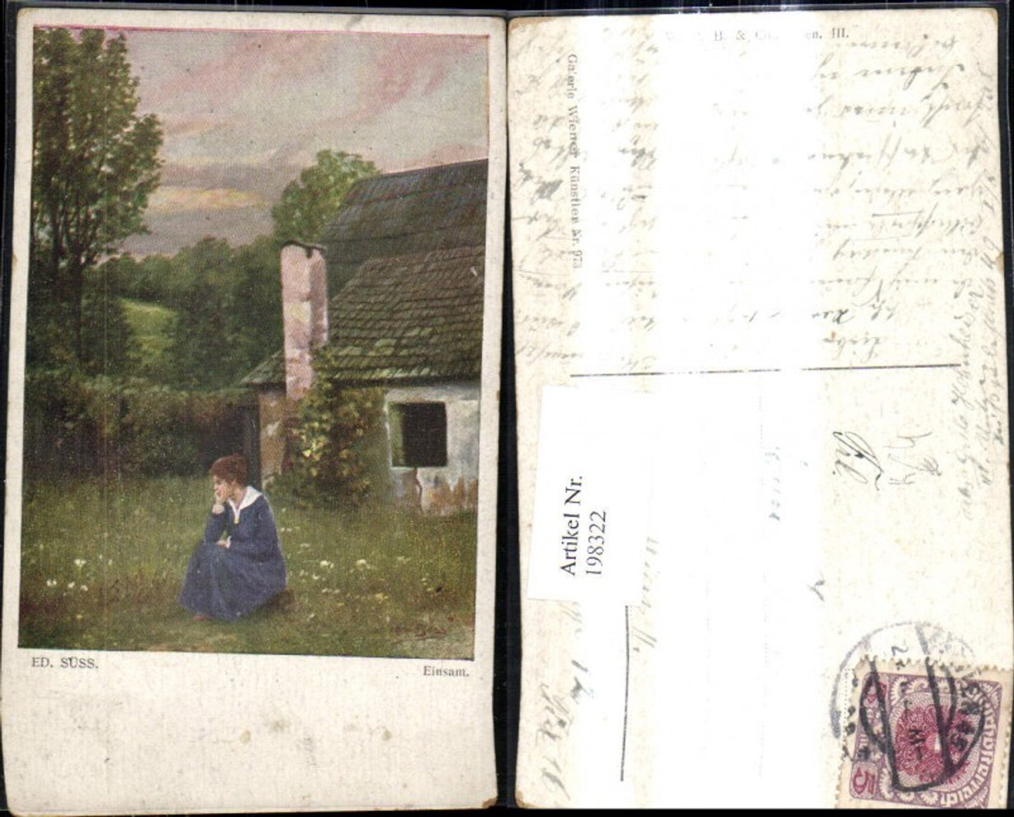 198322,Künstler Ak Ed. Süss Einsam Frau v. Haus Garten