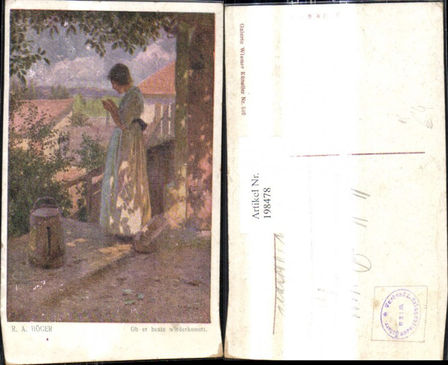 198478, Artist Ak RA Höger Will he come back today? Woman reads letter Reading Tree Garden