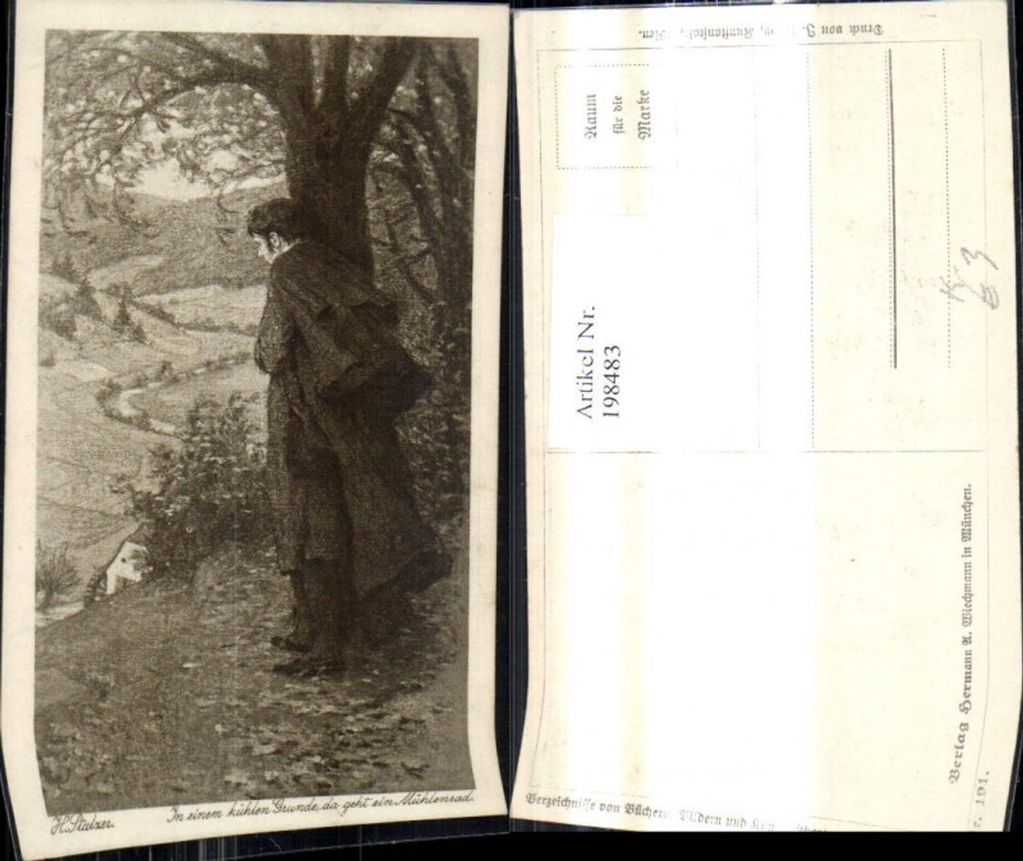 198483,Künstler Ak H. Stulzer In einem kühlen Grunde da geht ein Mühlenrad Mann b. Baum Mühle