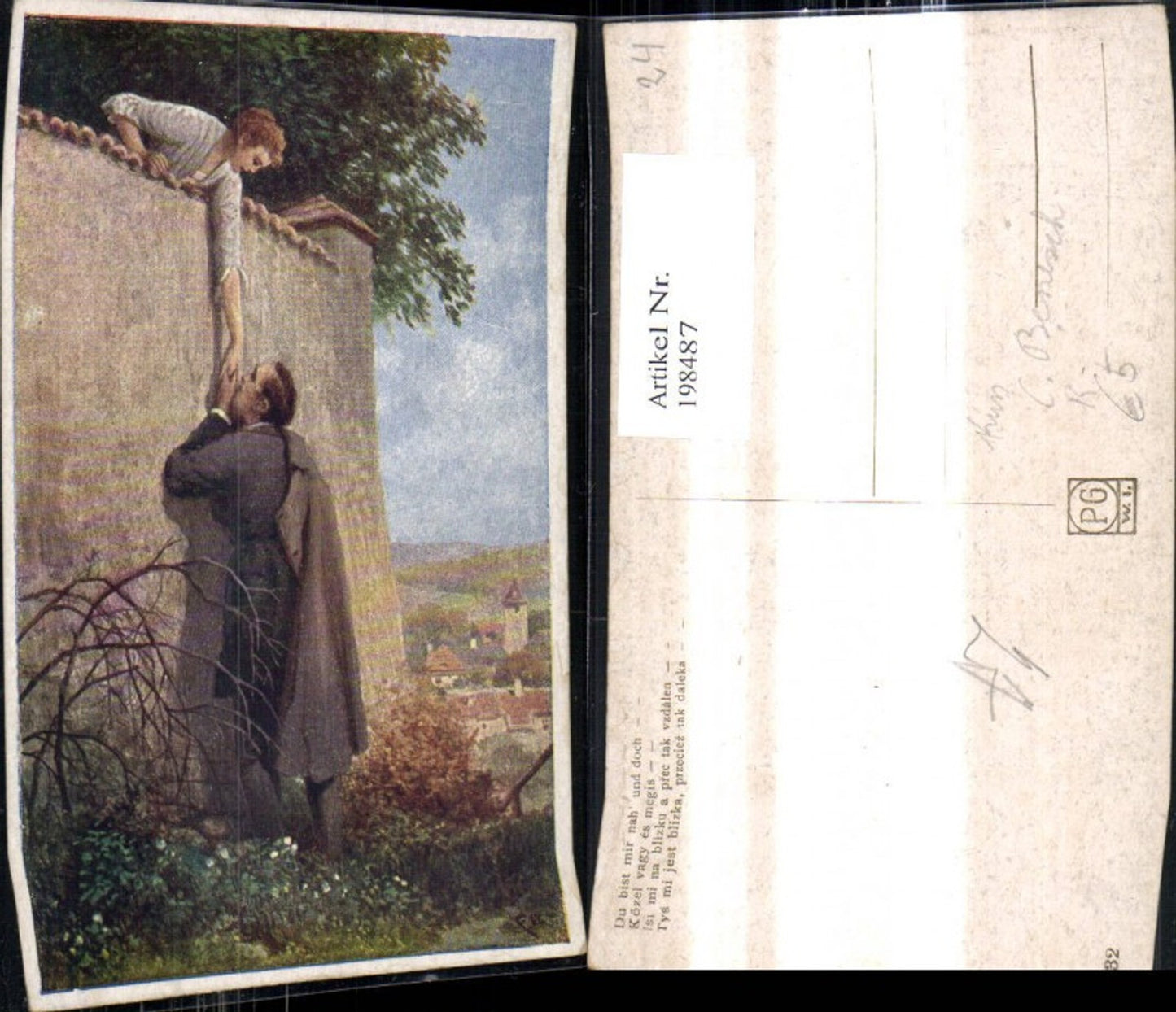 198487,Künstler Ak C. Benesch Du bist mir nah u. doch Frau a. Mauer Mann Handkuss Liebe