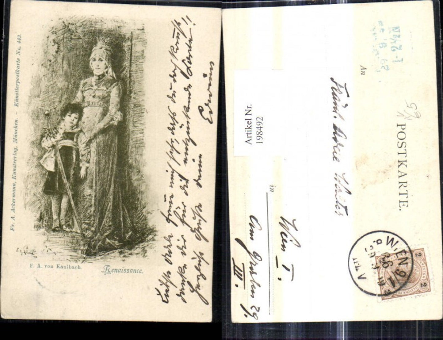 198492,Künstler Ak F. A. v. Kaulbach Renaissance Frau m. Kind Schwert Krone pub F. A. Ackermann 442