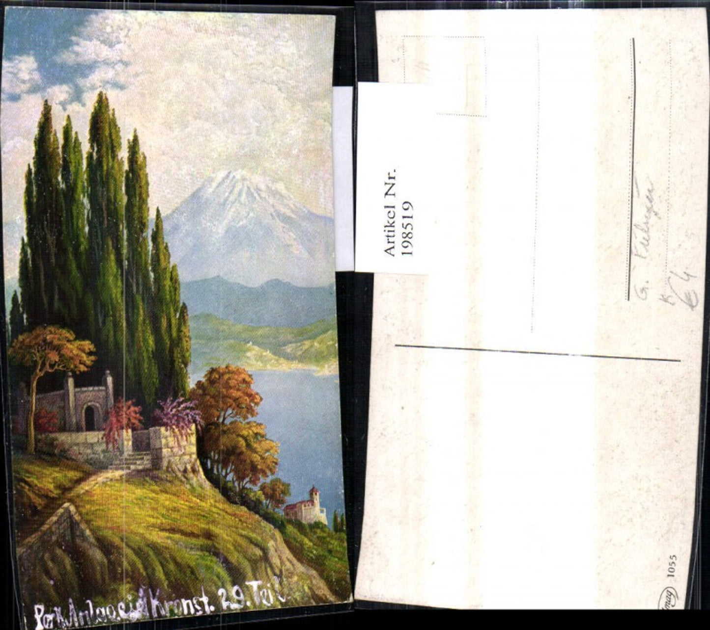 198519,Künstler Ak  G. Fiebiger Gebäude Kirche Bäume See Bergkulisse Landschaft