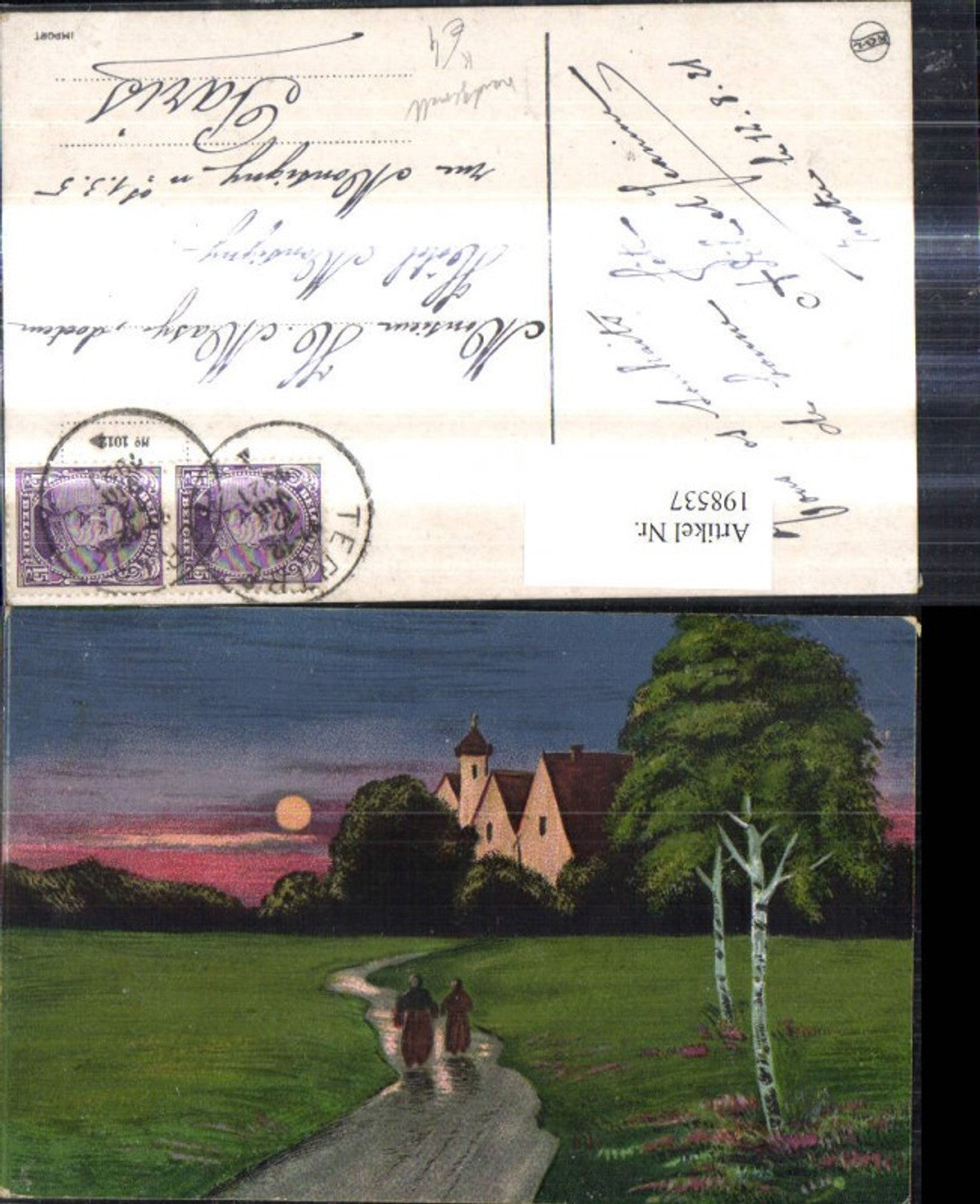 198537, Artist Ak Hand-painted Women on a. Way to Church b. Moonlight Landscape