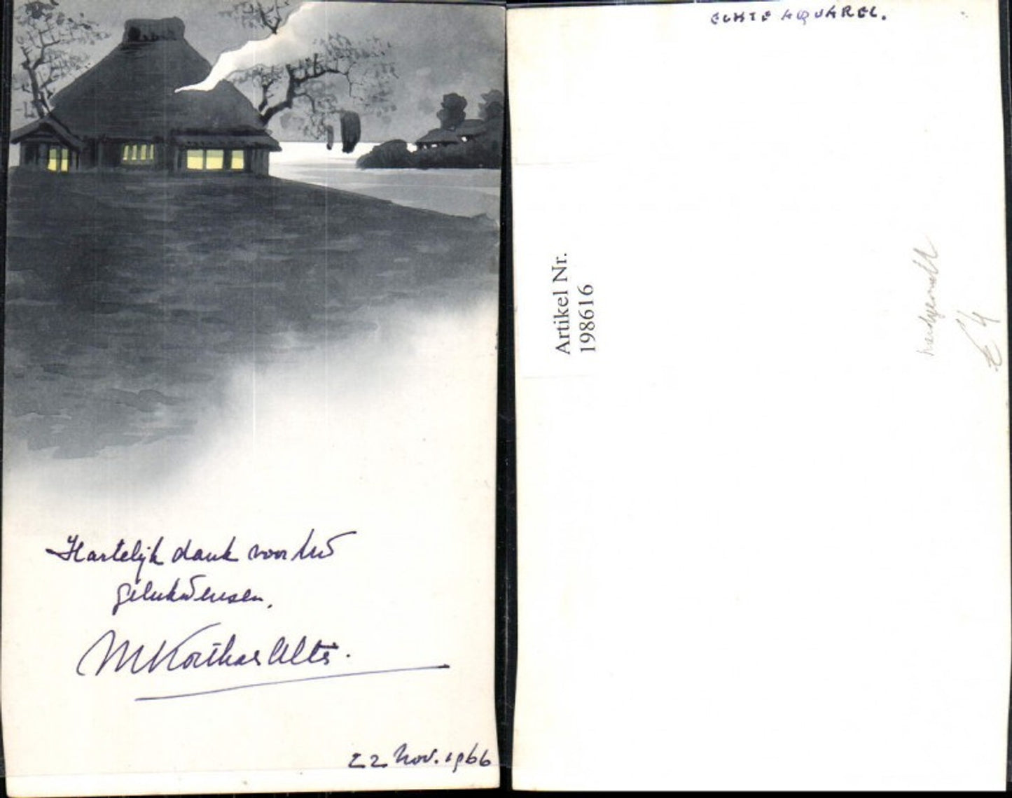 198616,Künstler Ak Handgemalt Haus a. See Segelboot b. Nacht