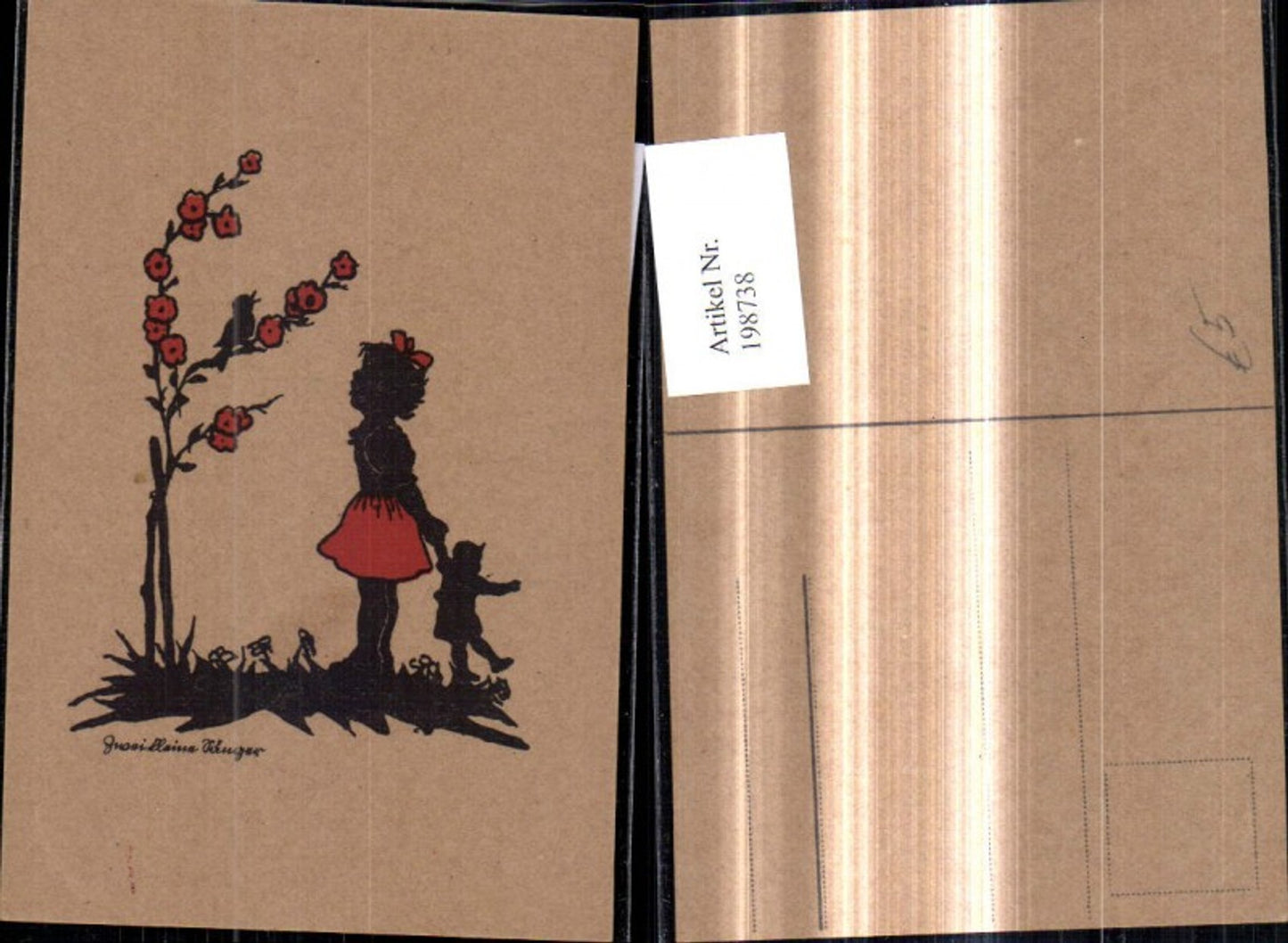 198738,Künstler Ak Scherenschnitt Silhouette Zwei kleine Sänger Mädchen m. Puppe Vogel Musik