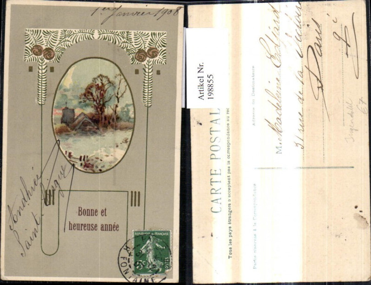 198855,Künstler Ak Jugendstil Art nouveau Haus Winterlandschaft Passepartout Ornament Bonne et heureuse annee