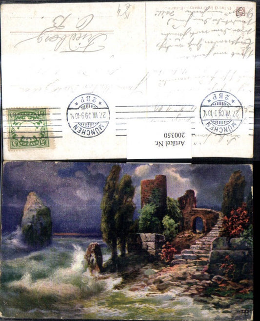 200350,Künstler Ak Burg Ruine a. Ufer Brandung Landschaft