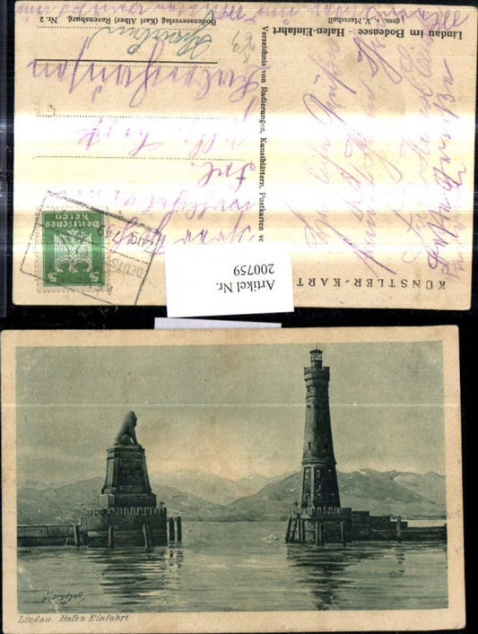 200759,Künstler Ak V. Marschall Lindau Bodensee Hafen Einfahrt Leuchtturm Löwendenkmal