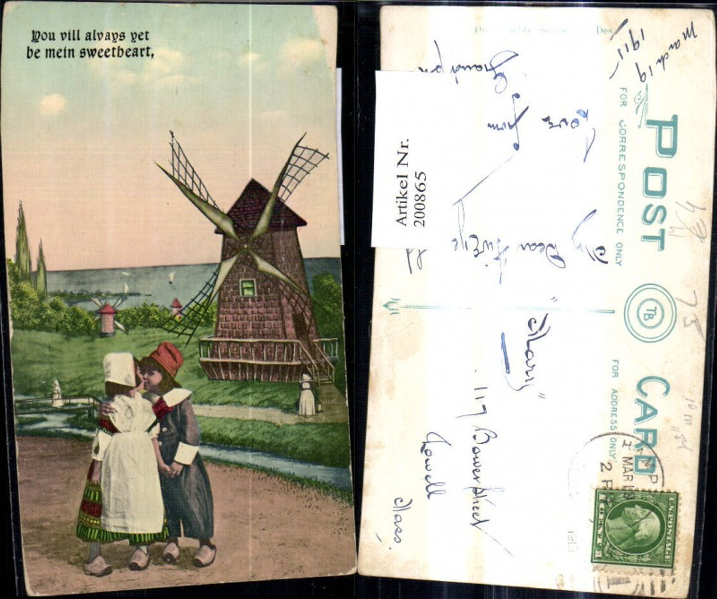 200865,Künstler Ak Windmühle Kuss Kinder Volkstypen Holland Spruch Text