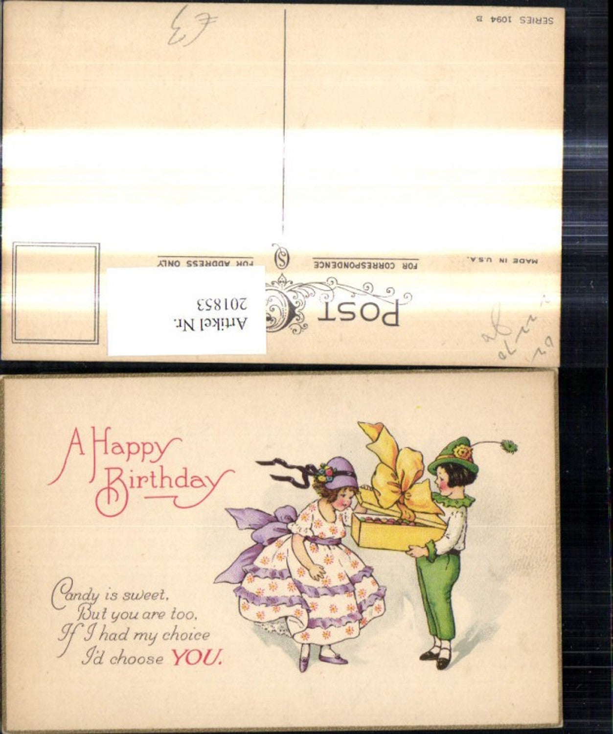 201853, Artist Ak Children with Gift Box Hat Birthday Saying Text