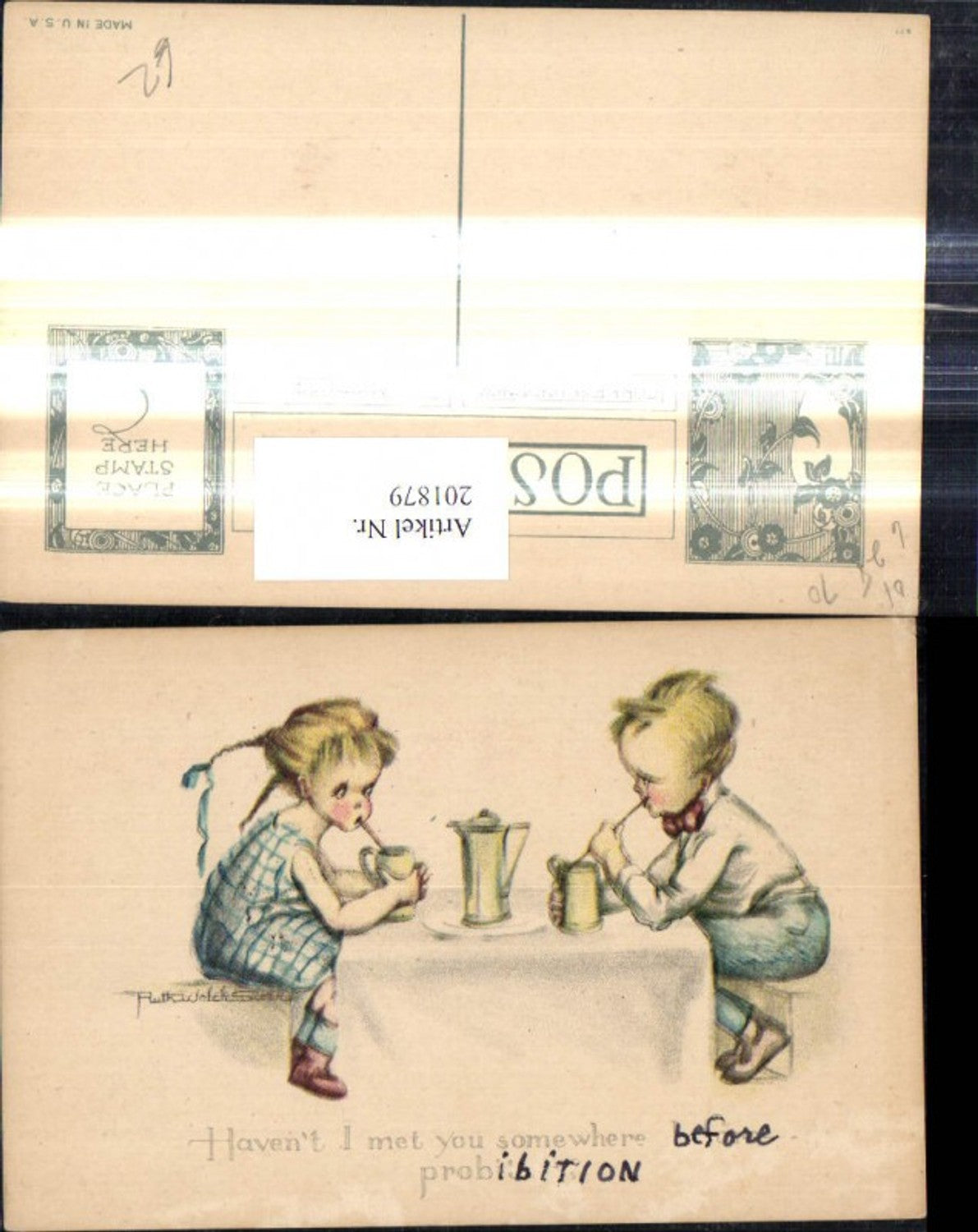 201879,Künstler Ak Kinder trinken m. Strohhalm Kanne Kaffeetisch Spruch Text
