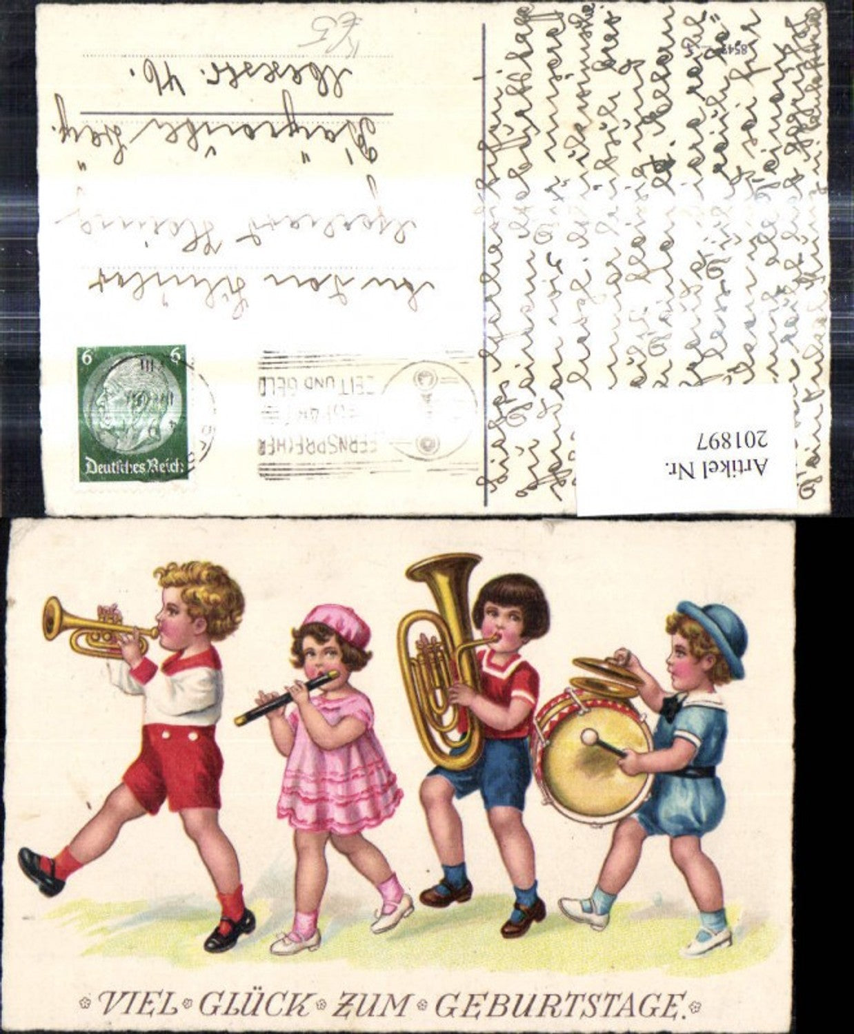 201897,Künstler Ak Kinder musizieren Instrumente Flöte Trommel Trompete Geburtstag