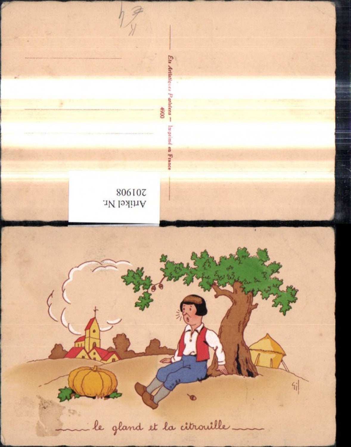 201908,Künstler Ak Gil Junge Bub Kürbis Baum Dorf Landschaft