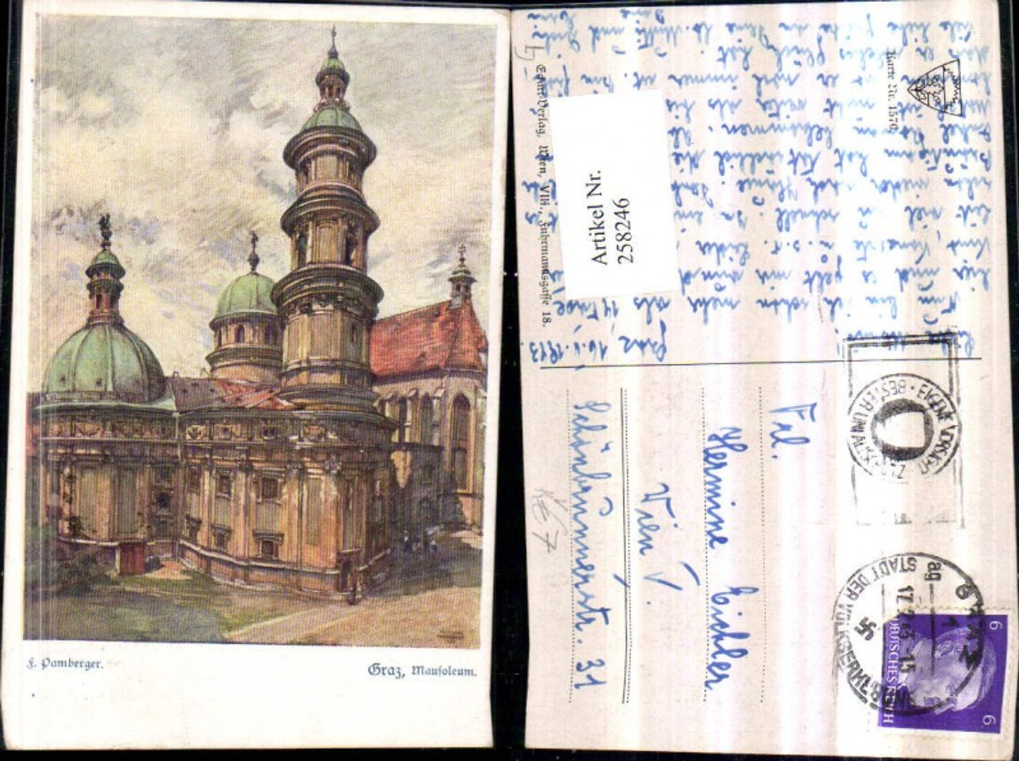 258246,Deutscher Schulverein 1570 Künstler F. Pamberger Graz Mausoleum Türme Kuppel Kirche