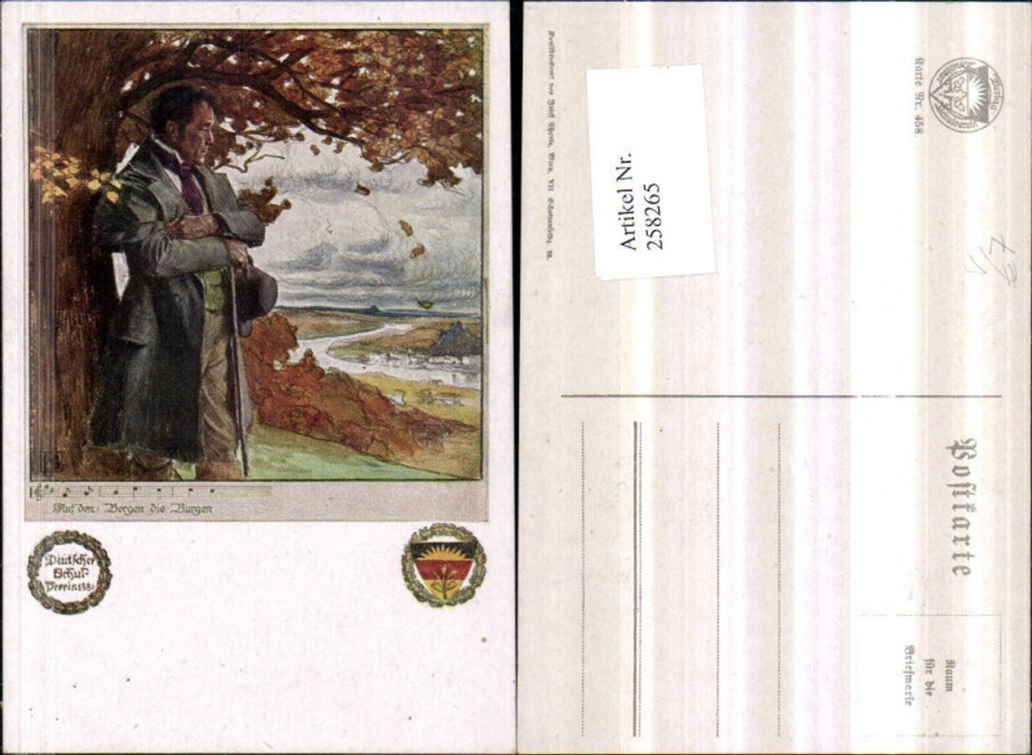 258265,Deutscher Schulverein 458 Liedkarte Auf den Bergen d. Burgen Mann m. Stock Hut