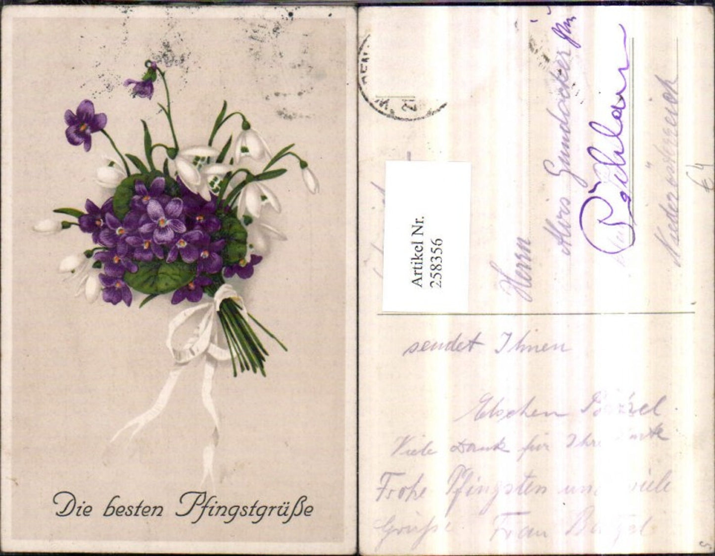 258356, Pentecost bouquet of violets, snowdrops, snowflakes, ribbon