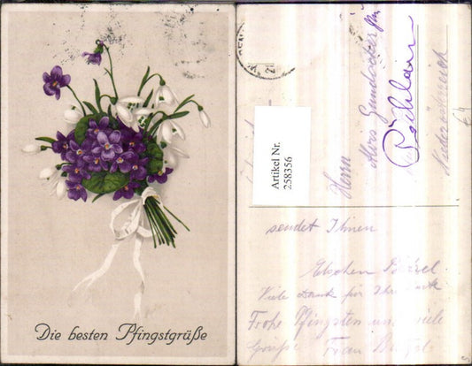 258356, Pentecost bouquet of violets, snowdrops, snowflakes, ribbon